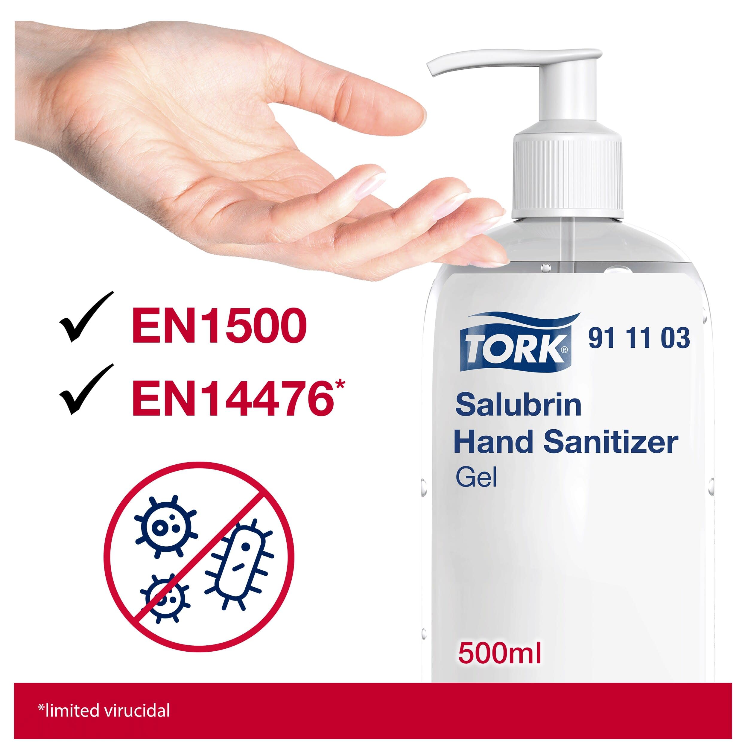 Tork Salubrin Gel Désinfectant pour les Mains Hydratant Flacon Pompe, en 1500 et en 14476, 8 × 500 ml, 911103
