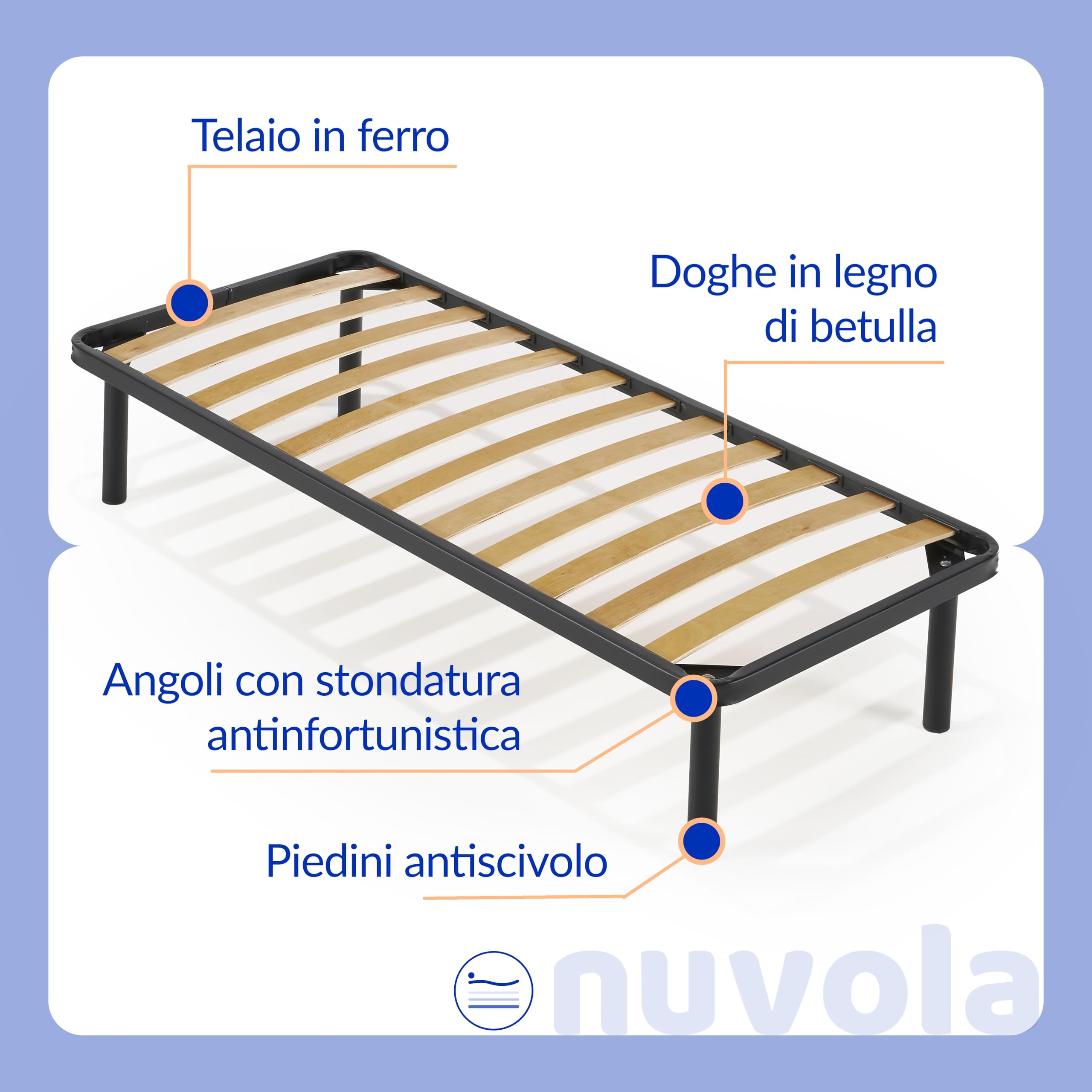 NUVOLA Atena - Rete Letto Singolo 80x190 con Doghe in Legno, Rete Singola Ortopedica con Struttura in Ferro e Piedi Smontabili, Durevole e Robusta - Ideale Per Tutti i Tipi di Materassi, Made in Italy