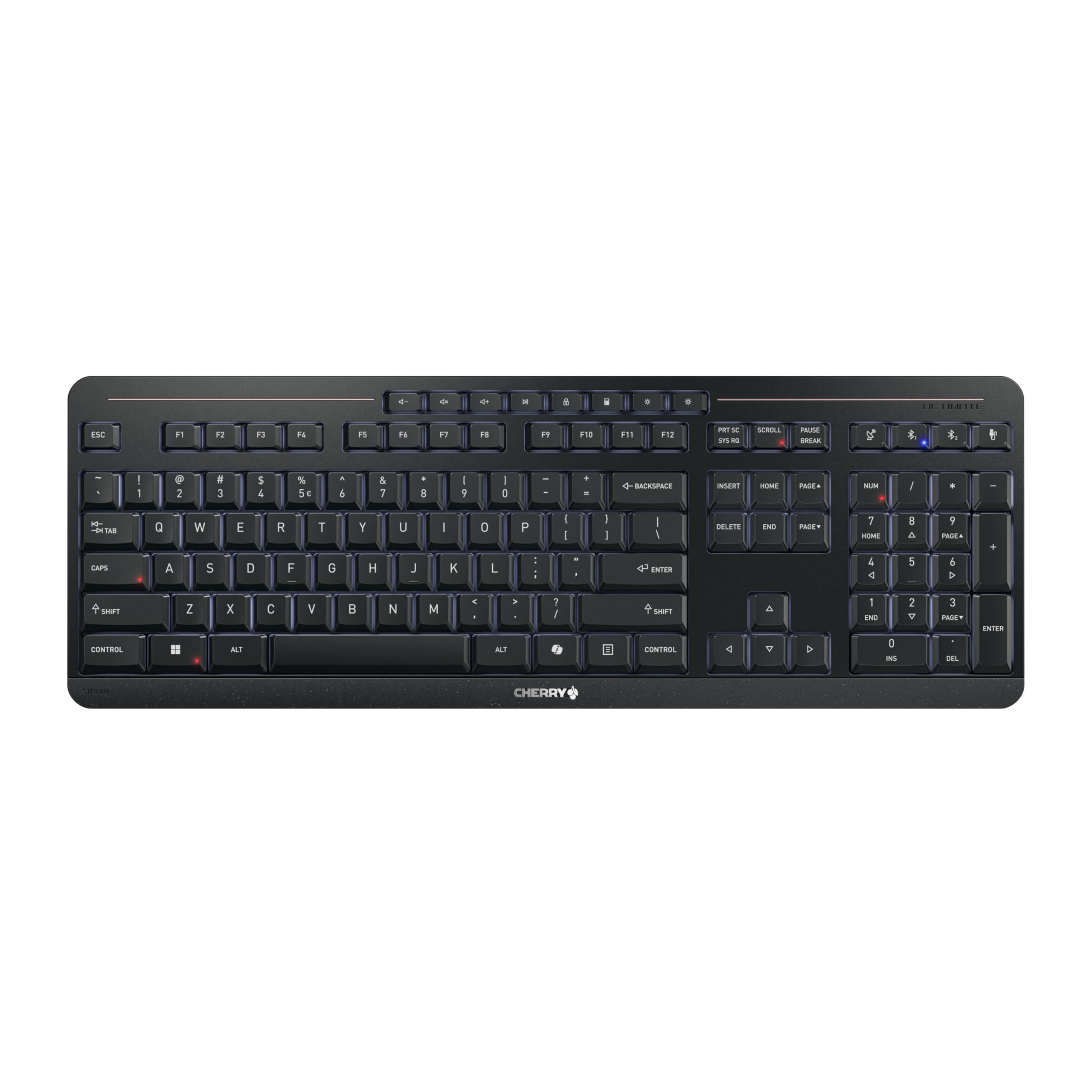 CHERRY STREAM KEYBOARD ULTIMATE, Bezprzewodowa Klawiatura Obsługująca do 4 Urządzeń, Układ US (QWERTY), Bluetooth, 2,4 GHz i Kabel, Podświetlana, Czarny