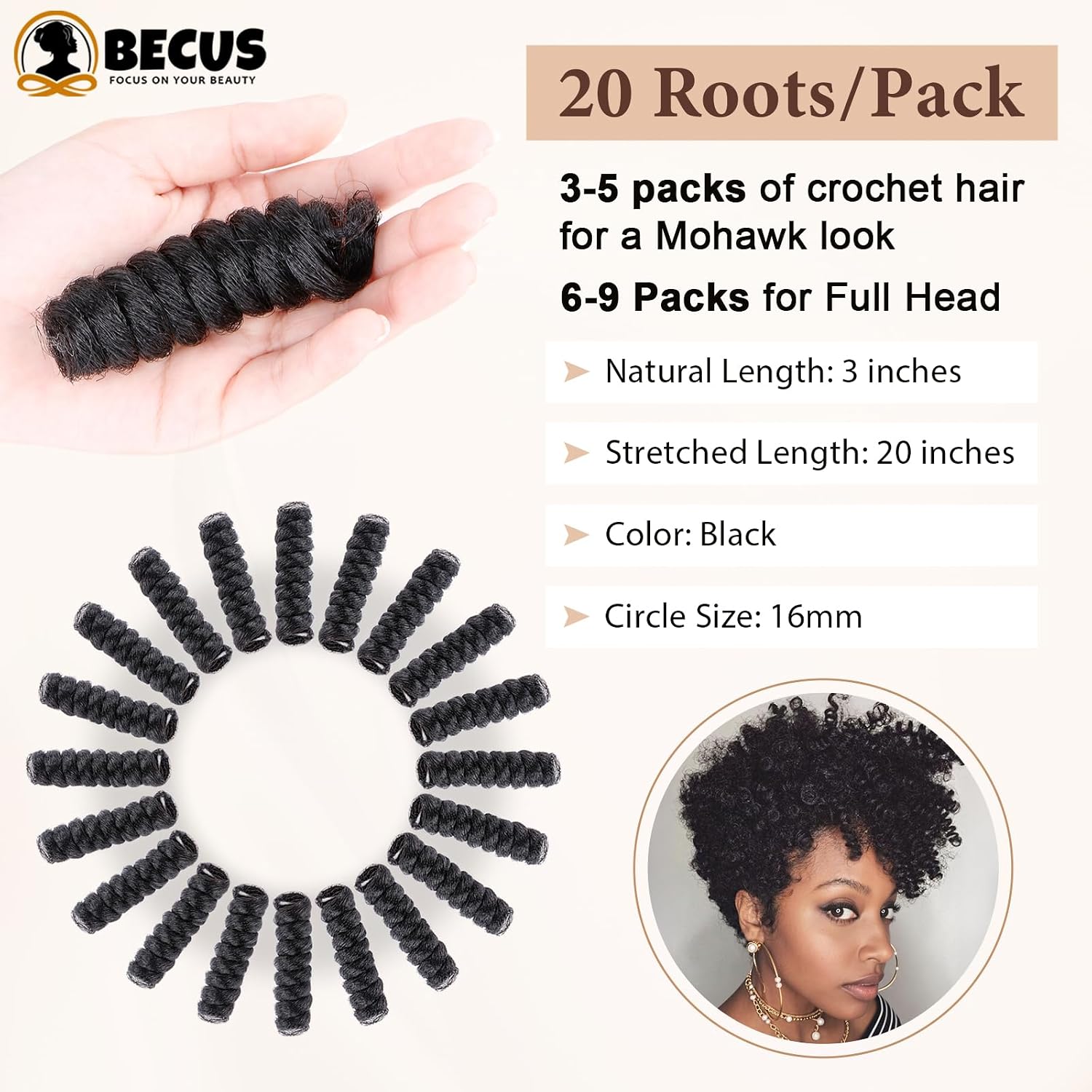 BECUS Jamaican Curly Crochet Hair for Black Women 6 Packs 20 Inch Crochet Braids Black Hair Extension Jumpy Wand Extensions(6*Packs 20'' #1B 16MM)