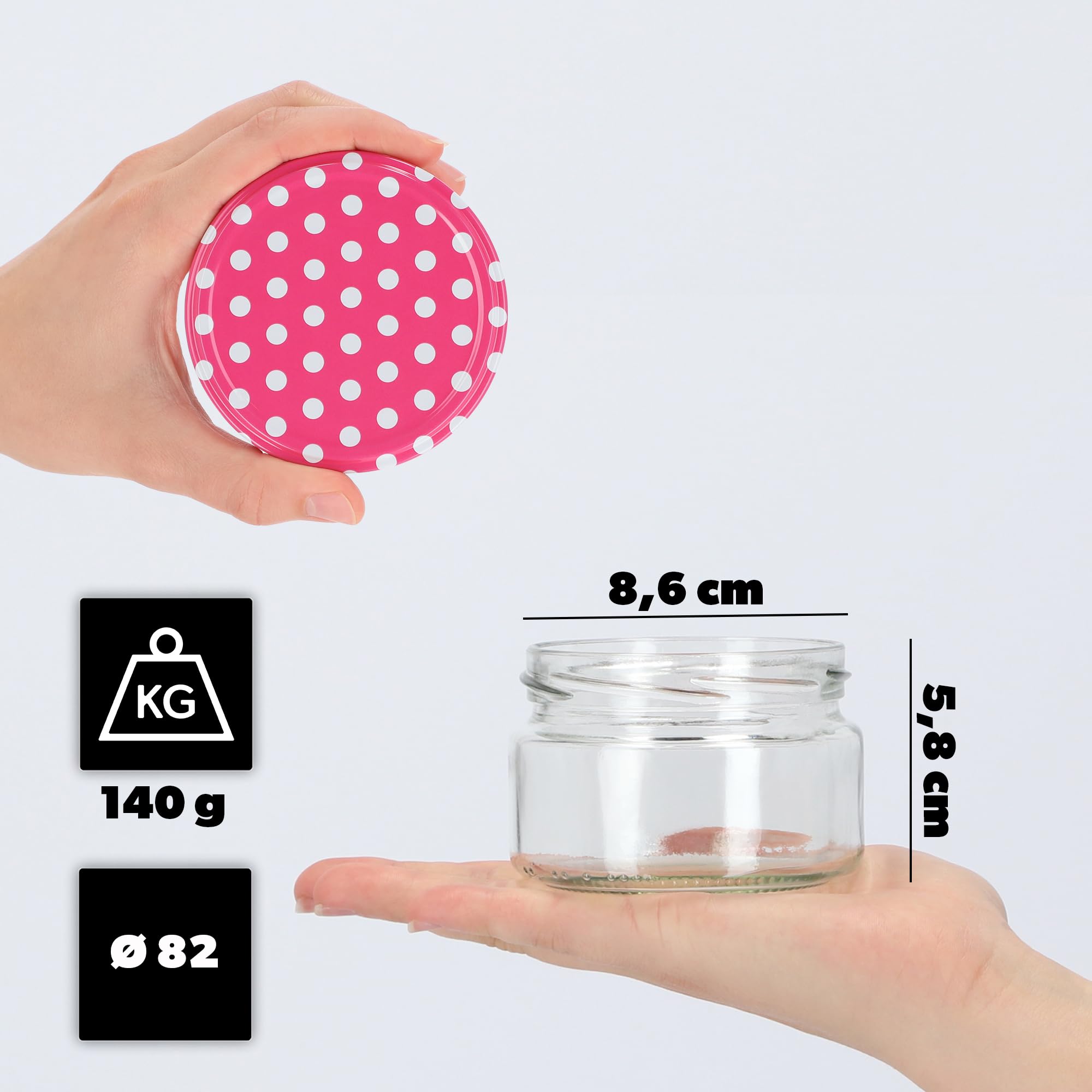 KADAX Małe słoiki na przetwory 250 ml, słoiki na dżem z pokrywką, hermetyczne słoiki na prezent, mini szklanki na miód i przyprawy (100 sztuk, różowe kropki)