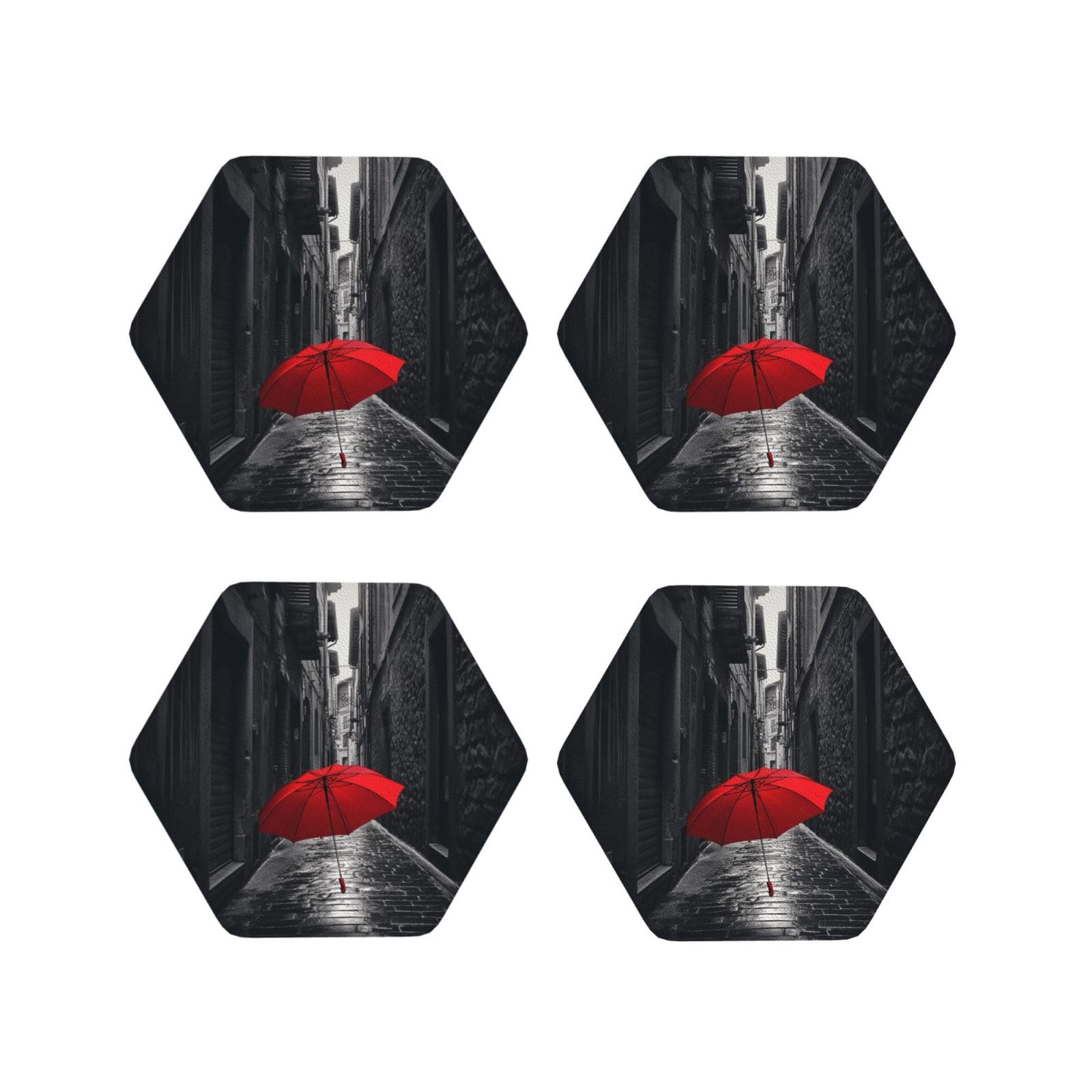 4pcs Drink Coasters for Tabletop Protection, 4" Leather Coasters for Drinks, Red Umbrella Dark Street Cup Coasters for Coffee Table Decor, Non-Slip Drinking Cup Mat for Hot Or Cold Drink