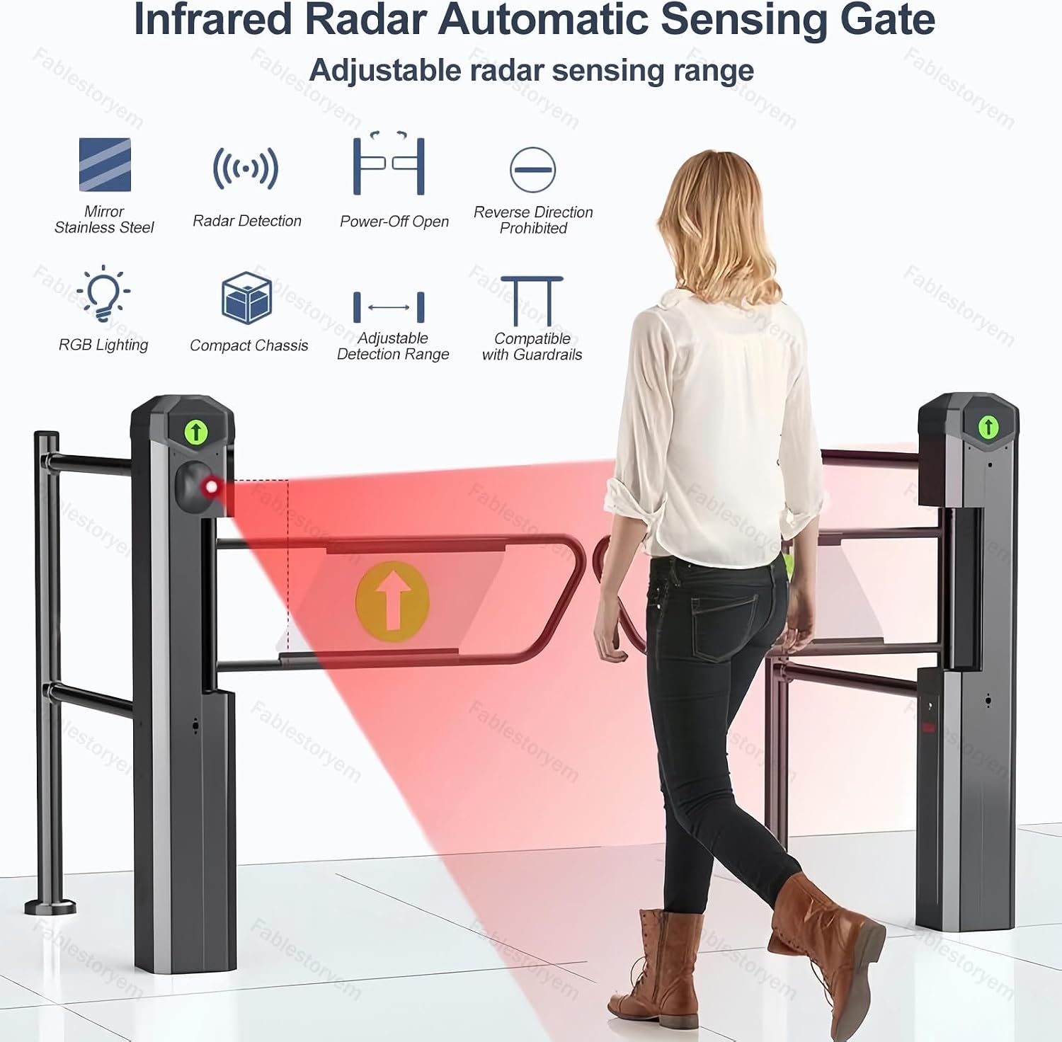 Public Entrance Automatic Turnstile with Radar Sensing - 90° Swing Gate for Transportation Hubs & Retail, Featuring Reverse Alarms & LED Indicators, One-Way Entry Access Control System Style A