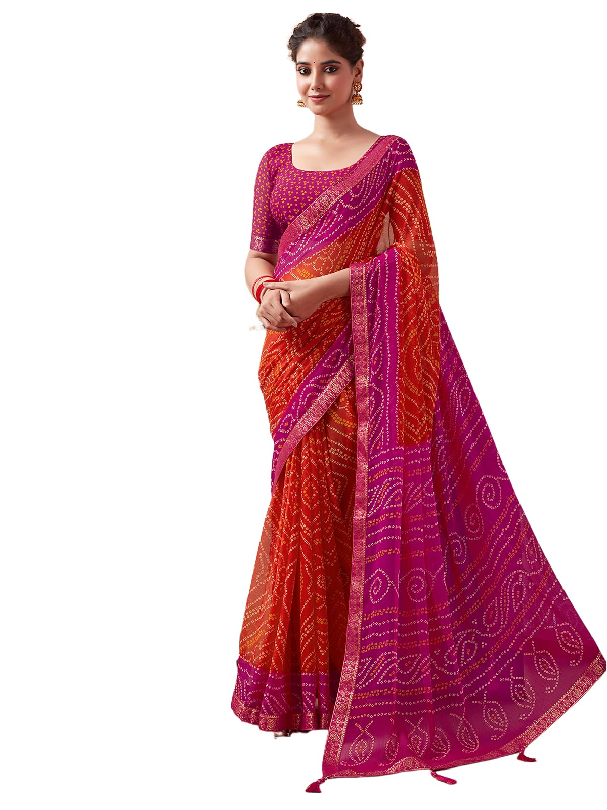 SAMAHWomen's Bandhani Printed | Leheriya Printed Chiffon Saree with Unstitched Blouse Piece