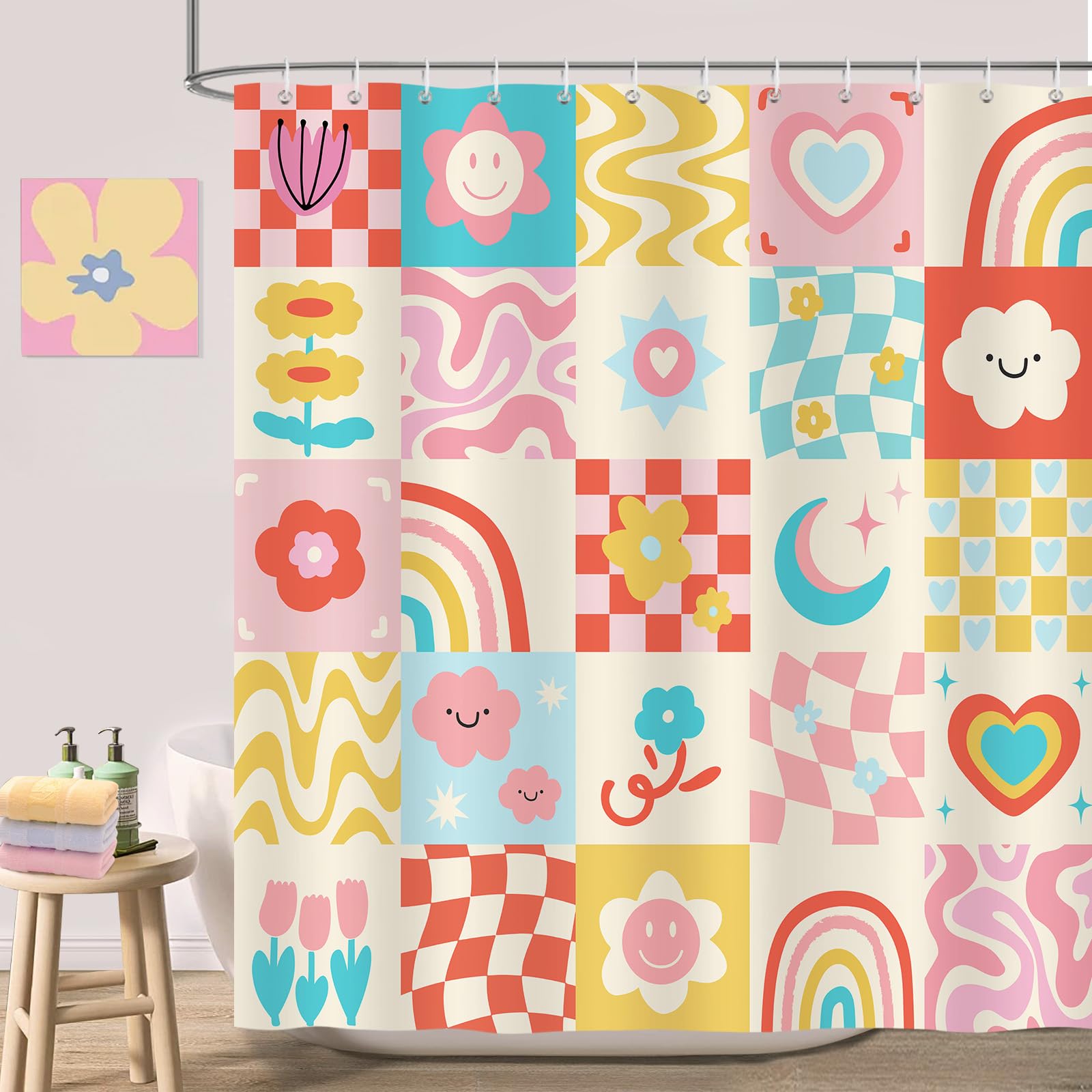 COZZSNUGE Cute Floral Shower Curtain, Abstract Checkered Rainbow Heart Smiley Retro Bathroom Curtain 180 x 180 cm, Water Repellent Mildew Resistant Polyester with 12 Hooks
