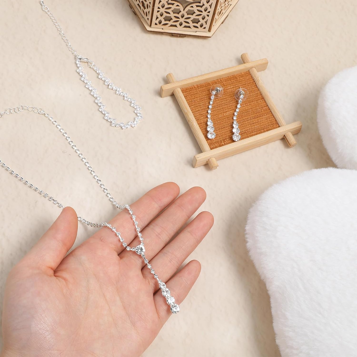 Silver Bridal Wedding Jewelry Set Rhinestone Necklace Teardrop Dangle Earrings Bracelet Sparkled Jewelry for Women Bride Bridesmaid Costume Crystal Wedding Accessories - Image 6