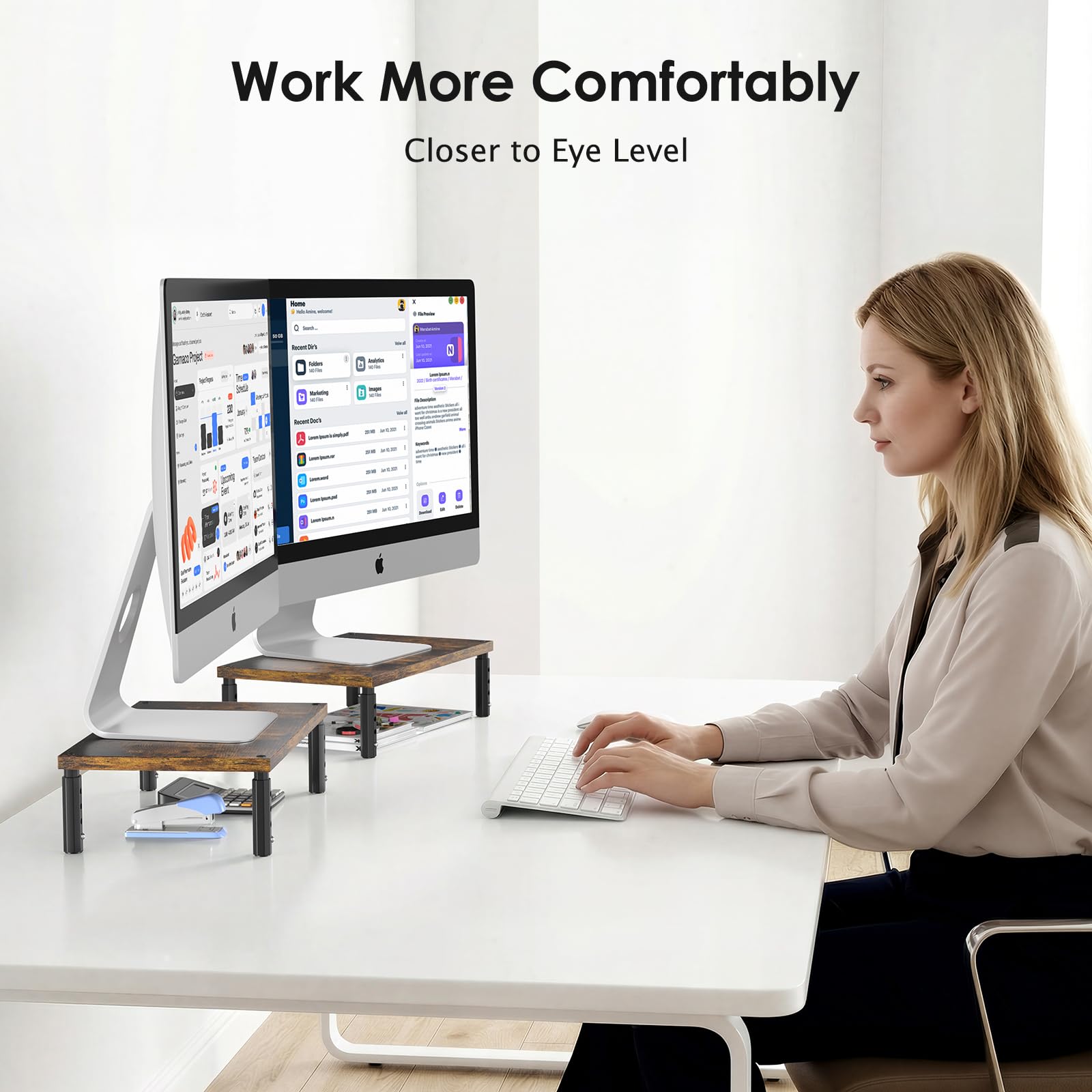 OPNICE Verstellbarer Monitorständer für Schreibtisch, Computer- und Laptop-Ständer, Schreibtisch-Organizer und Zubehör, Büro-Schreibtischzubehör und Arbeitsplatz-Organizer für Heimbüro, braunes Holz