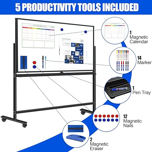Miniatura 4 de Pizarra blanca magnética móvil de 72 x 48 pulgadas, pizarra blanca rodante sobre ruedas, grande de doble cara de 6 x 4 pies con soporte, pizarra