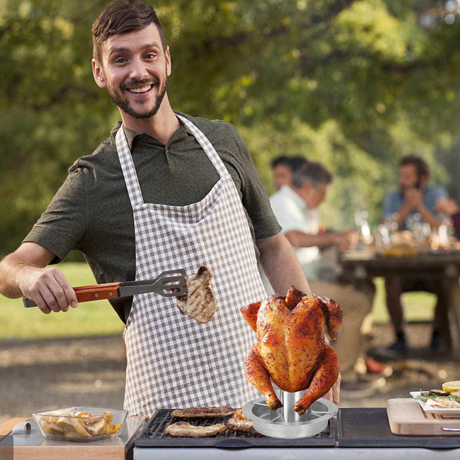 Soporte para Asador de Pollo, Pollo Barbacoa Soporte para Gallinas de Acero Inoxidable, Soporte para Pollo Vértical con Bandeja de Goteo para Horno y Barbacoa, Asador Pollo con Recipiente de Aroma