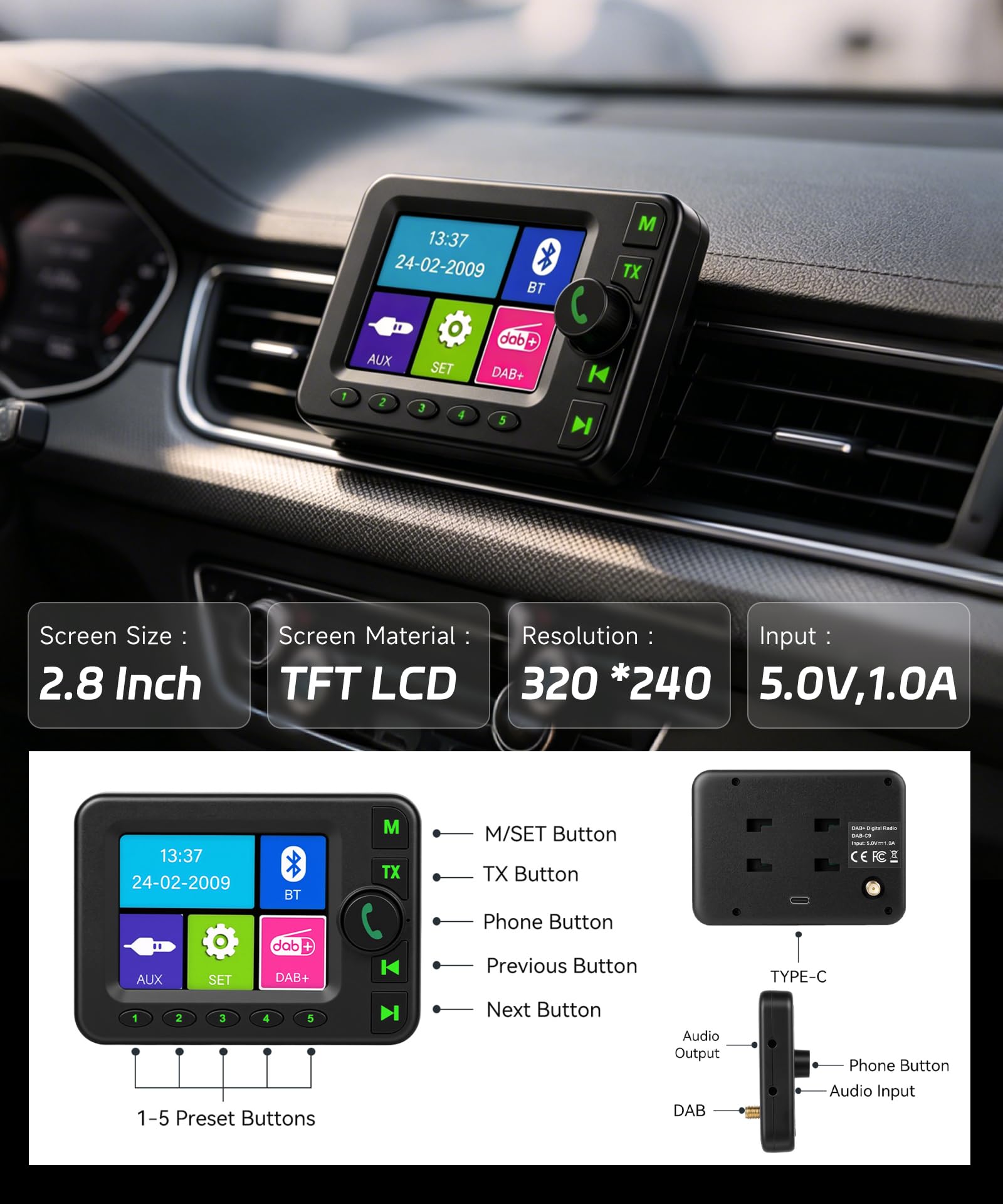 VECHTEL Radio digitale DAB/DAB+ e Bluetooth con schermo da 2,8 pollici, trasmettitore FM, due tipi di supporto, AUX, alimentatore per accendisigari, ideale per viaggi e attività all'aperto