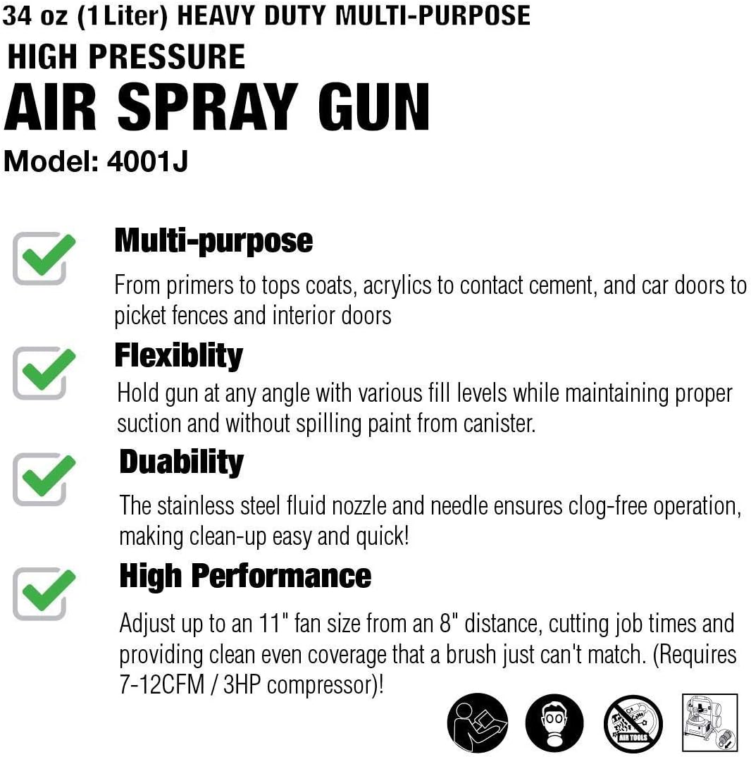 Thunder Hardware 4001J 34 oz Siphon Feed Spray Gun - 1.8mm Nozzle for a Variety of Low Viscosity Paints, Such as Lacquer, Enamel, Stain, Urethane with air Flow and Paint Pattern Control knob