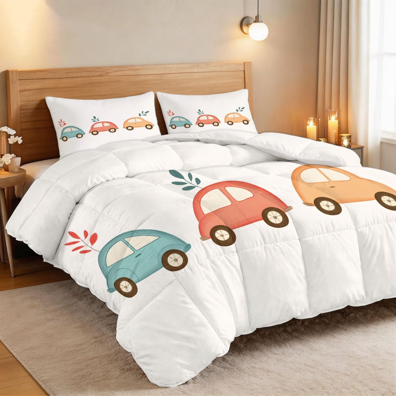 Edredón Nórdico Reversible Dibujo Lindo Coche Blanco, Edredón Relleno Nórdico Cama 135 200x200 cm, 4 Estaciones Acolchado Estampado 3D Suave y Ligero con 2 Fundas de Almohada
