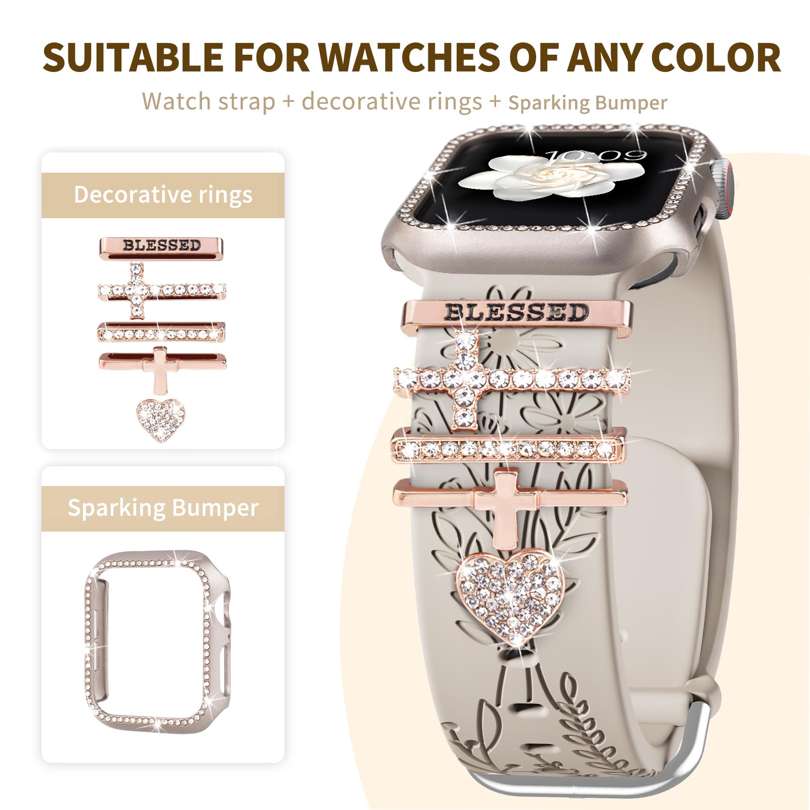 Correa grabada + dijes + funda para Apple Watch Band de 38 mm, 40 mm, 41 mm, 42 mm, 44 mm, 45 mm, para mujer, correas deportivas de silicona suave con diseño de flores con parachoques protector con