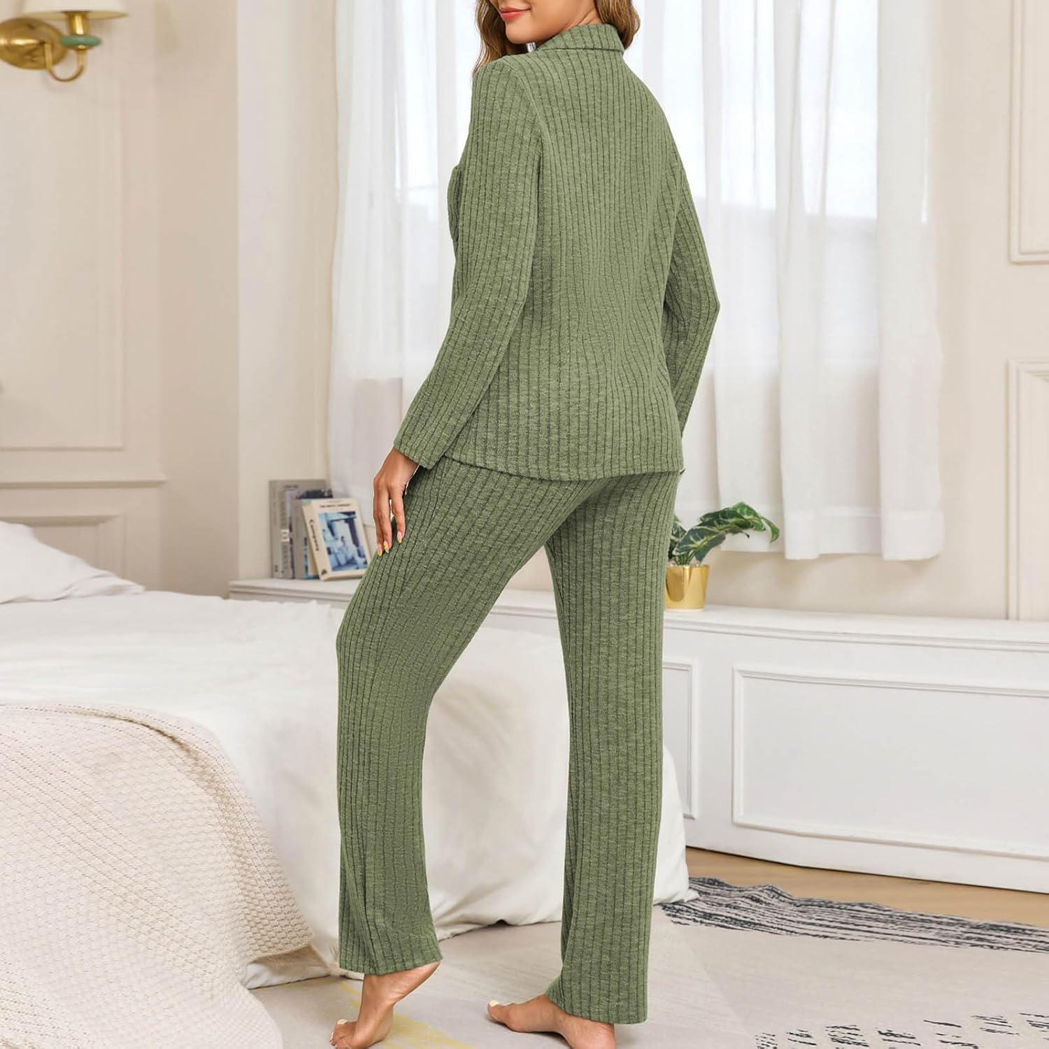 Womens Pajamas Set Ribbed Knit Long Sleeve Pullover Top Jogger Pants Set 2 Piece Outfits Lounge Set Sleepwear