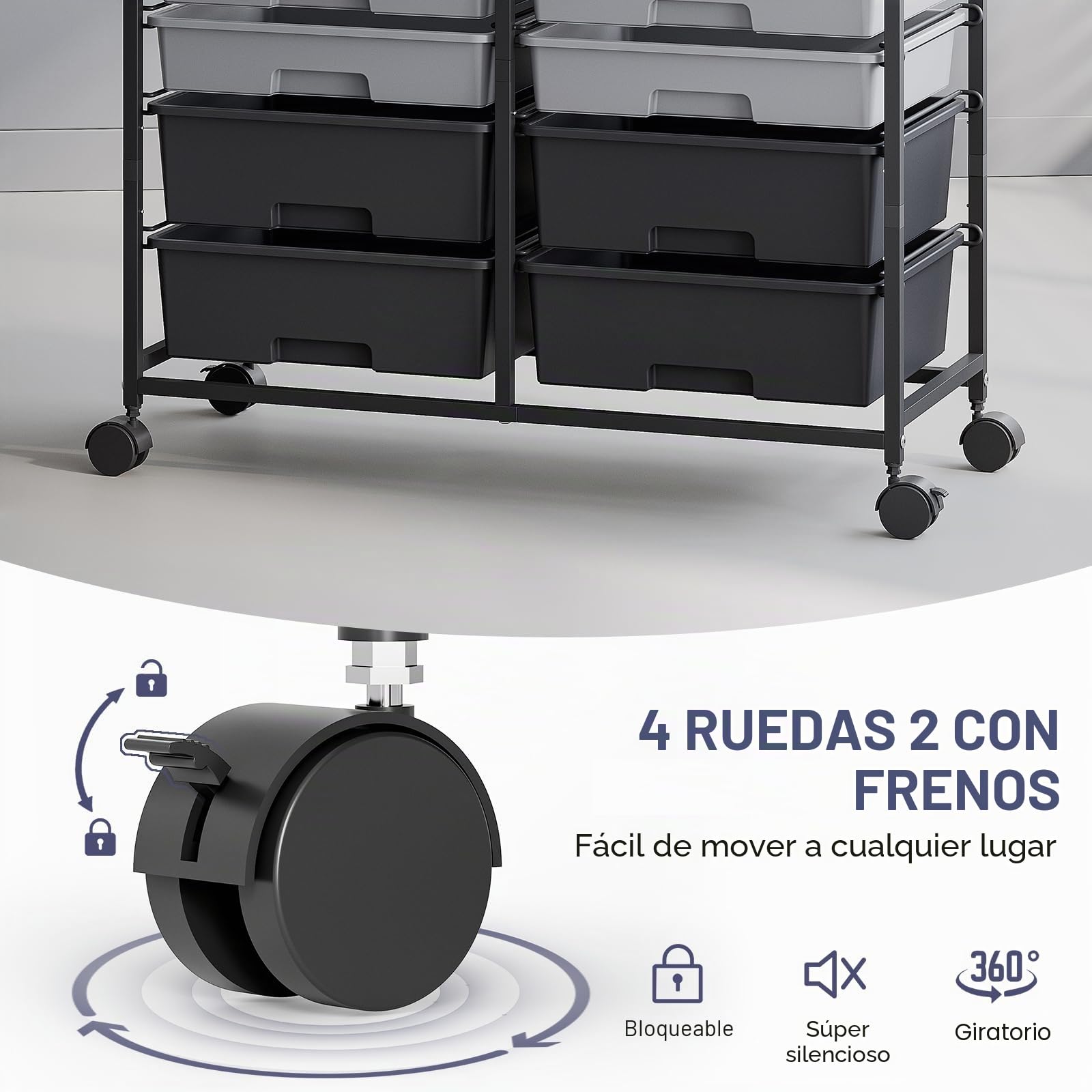 Carrito con 12 cajones - Rollcontainer - Carrito de almacenamiento para baño - en plástico, carrito multiuso para bricolaje, carrito de herramientas y almacenamiento con encimera imitación madera