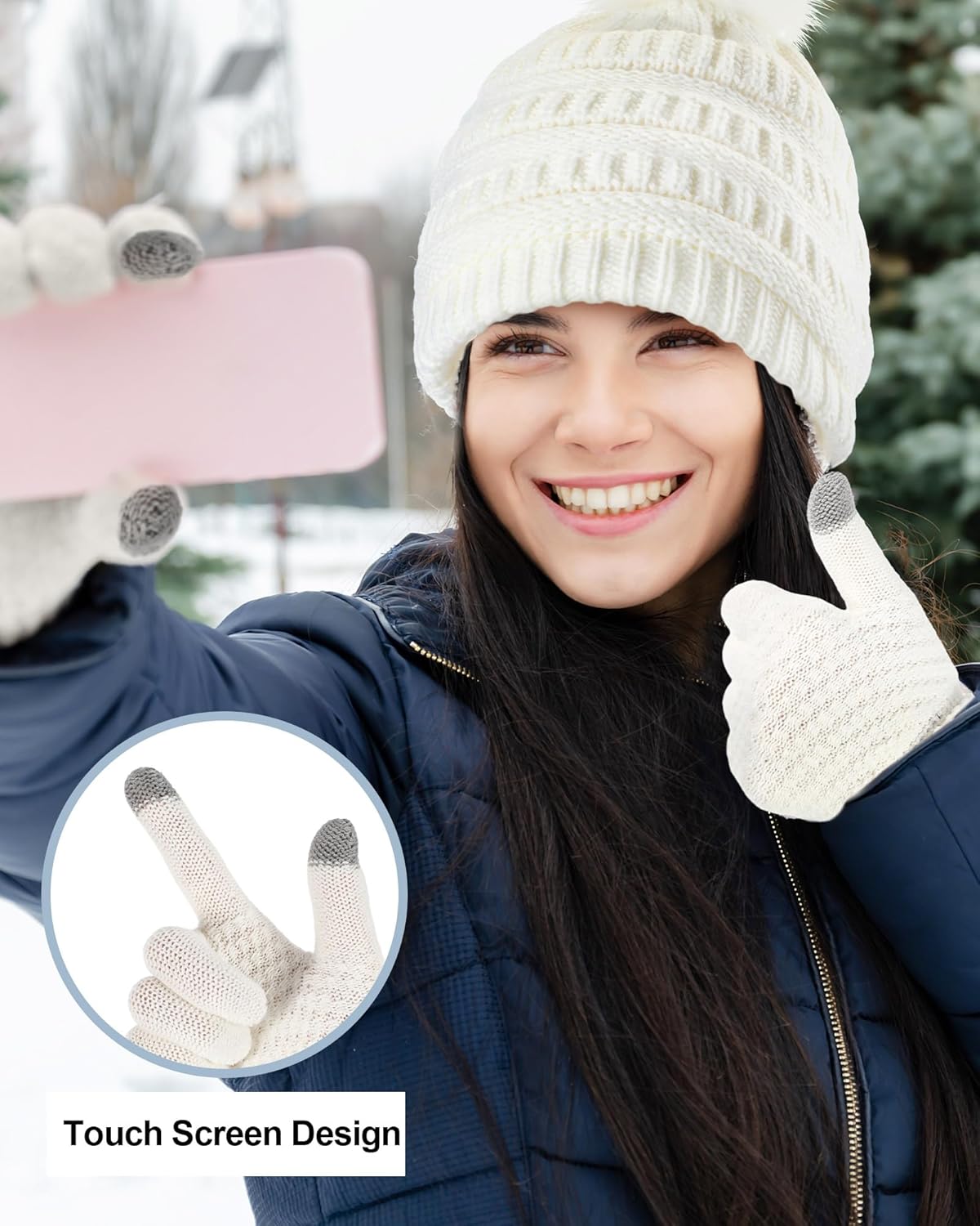 Tigeen 8 Pcs Winter Fleece Lined Beanie Hat Scarf Sock Skiing Warm Set Touchscreen Gloves Knitted Pom Hat Scarf for Women Men