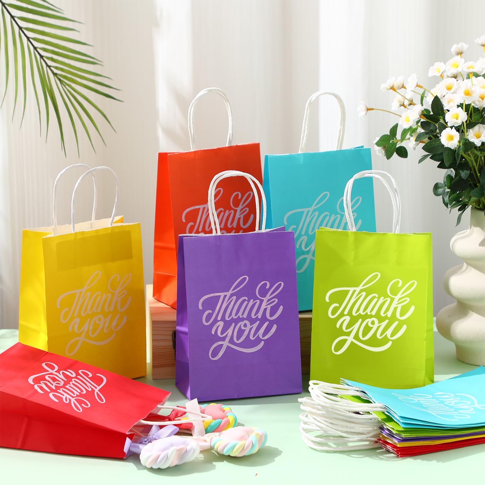 Gueevin 120 Pieces Thank You Gift Bags with Handles Kraft Paper Party Favor 8 x 6 x 3 Inch Christmas Small Gift Bags Birthday Goodie Bags for Kids Birthday Party Wedding Shopping Supply, 6 Colors