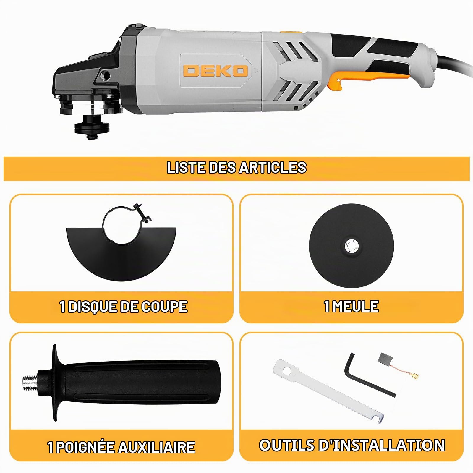 DEKOPRO Meuleuse d'Angle 2200W φ230 mm Poignée Auxiliaire, pour Couper, Polir et Poncer
