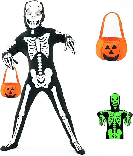 Miniatura 1 de Disfraz de esqueleto que brilla en la oscuridad para niños pequeños, mameluco de Fortnite de Halloween para niños y niñas con bolsa de calabaza y