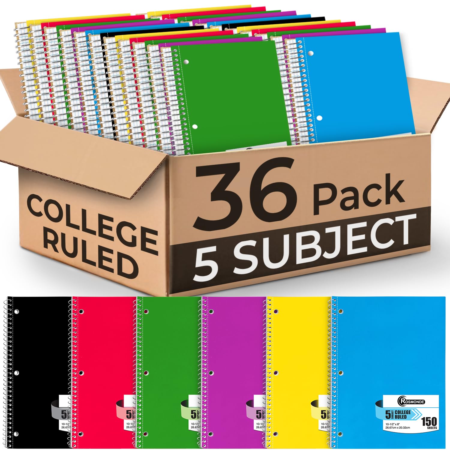 Rosmonde 36 Pack Spiral Notebook, Bulk 5 Subject Notebooks, College Ruled, 300 Pages(150 Sheets), 8 x 10-1/2", Bulk Subject Notebooks for Schools,
