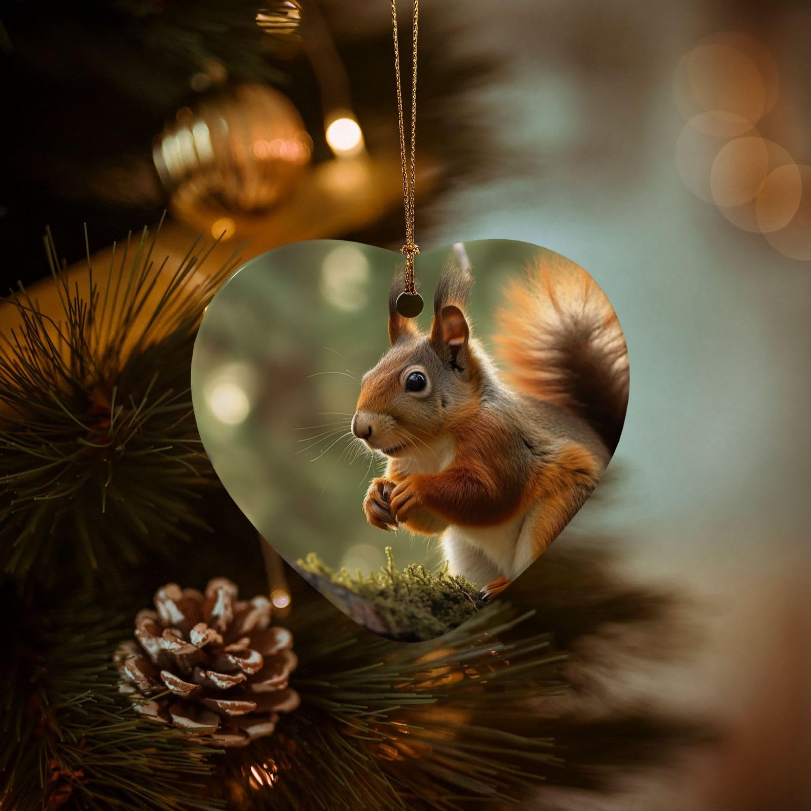 Christmas Ornaments for Christmas Tree Decoration Hanging Wildlife Forest Squirrel Ornament with Gold Ribbon Crafts Heart Shape Ceramic Pendant for Keepsake Gifts Xmas Decor Party Supplies