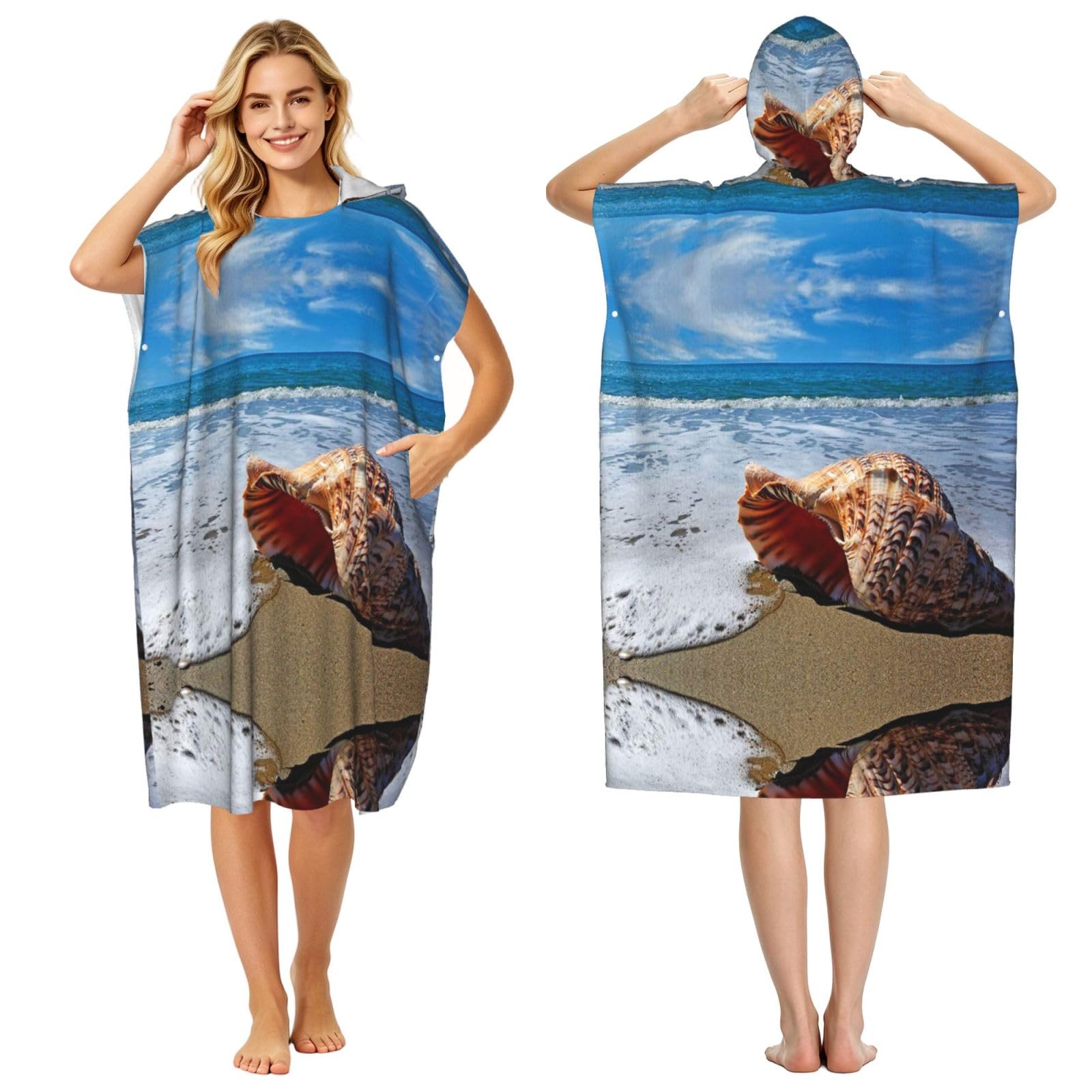 EZDLOWVBA Seaside Conch Print Hooded Poncho Microfiber Beach Towel,Adult Women & Men Changing Robe,Lightweight Summer Surf Swim Bath Poncho Towel