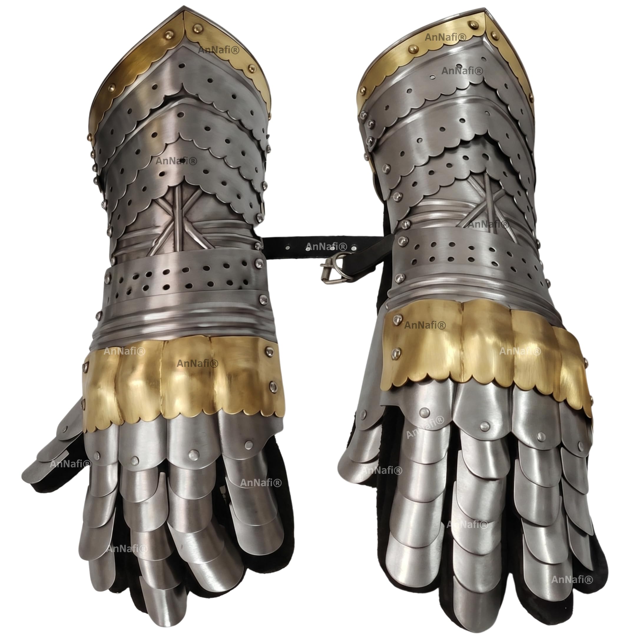 AnNafi® Armor Gauntlets Steel Gloves w Brass Accents Armor Pair | Medieval Knight Costume| Fully Wearable | Fully Functional Armor Gloves Warrior Metal Gauntlets Steel Crusader Cosplay Armour Costume