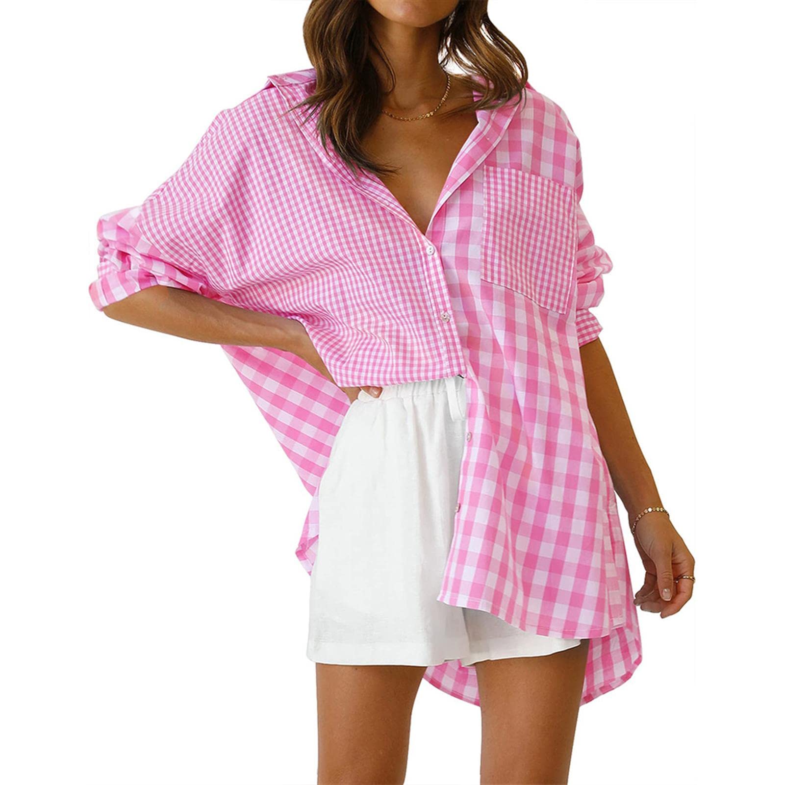 Camisas Mujer Otoño/Invierno Loose Fit Casual Plaid Shacket con Bolsillos Blusas de Solapa de Manga Larga Outwear (Pink L)