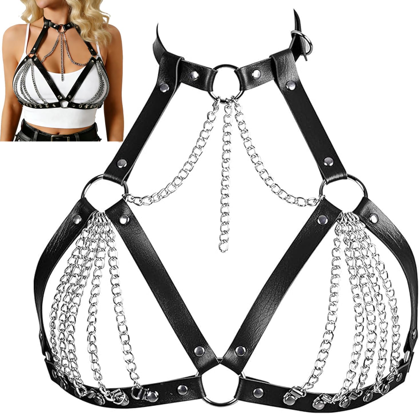 Punk Leather Body Chain for Women,Gothic Adjustable Chest Harness&Shoulder Strap Belt Waist Belly Chain,Black Leather Layered Bra Cage Style Valentine'sDay Body Jewelry for Nightclub Party Accessories