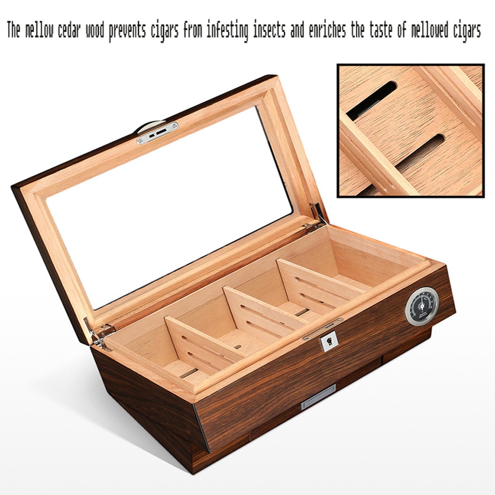 RIDAEX Log Holzmaserung Zigarren-Humidor, Glas-Display, transparentes Zigarettenetui, tragbar, mit Schlüsselschloss, 50 Stück Zigarrenetui