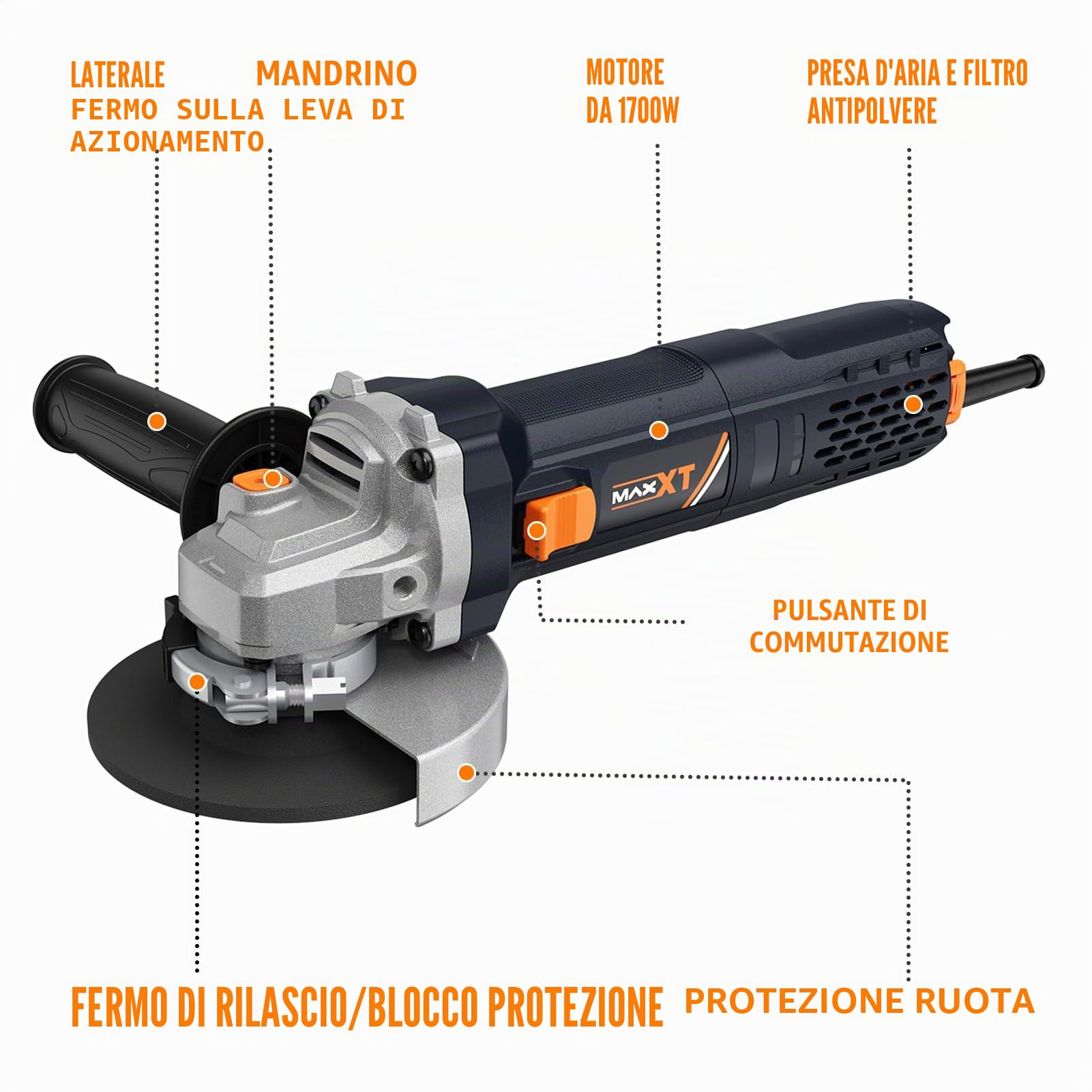 MAXXT Smerigliatrice angolare 125 mm | 1700W con Avvio graduale & Protezione sovraccarico – 12.000 giri/min per taglio, smerigliatura e lucidatura di precisione