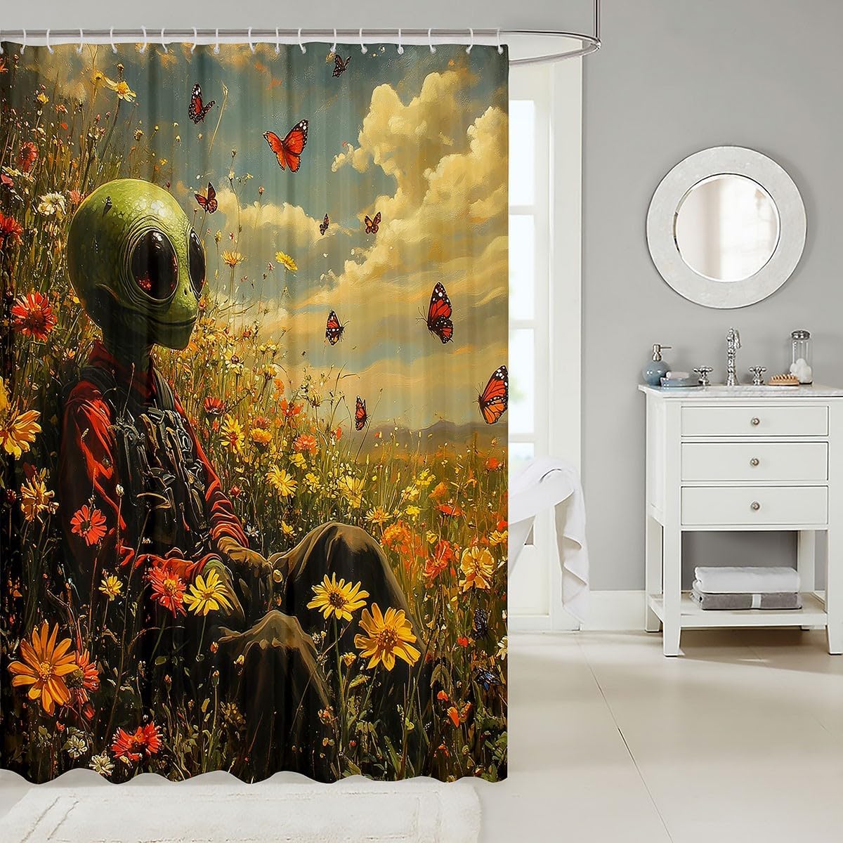 Feelyou Kids Alien Printed Bathroom Shower Curtain Set Trippy Alien Bath Curtain Boys Girls Outer Space Shower Curtain Butterfly Teens Bathroom Accessories Bedroom Decor 72"x78"