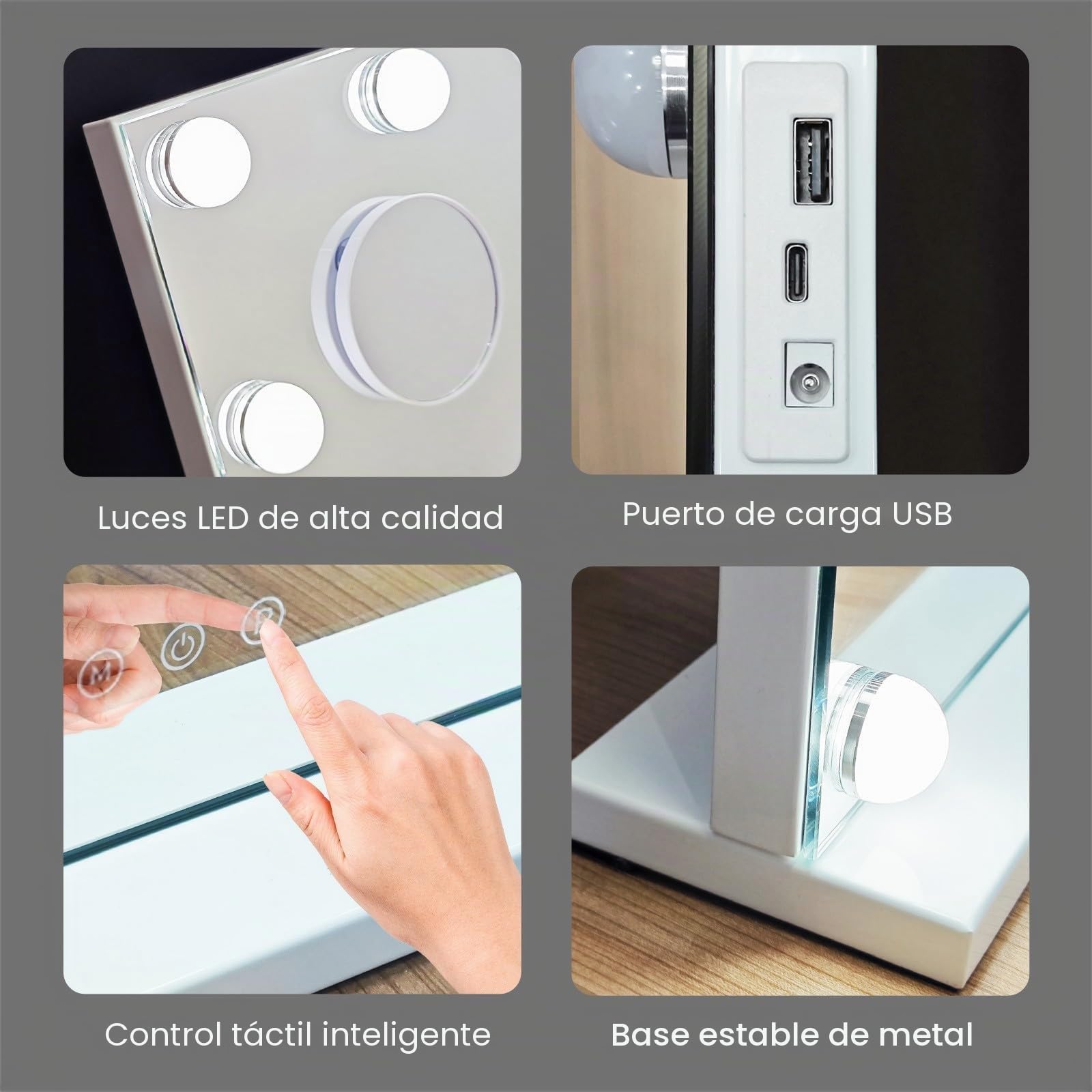 MIQU Espejo Maquillaje con Luz 80x60cm,Espejo Tocador Hollywood con 18 Bombillas LED,3 Modos de Luz,Intensidad Ajustable,con Puerto USB/Type-C,Aumento,Control Táctil,para Mesa o Pared