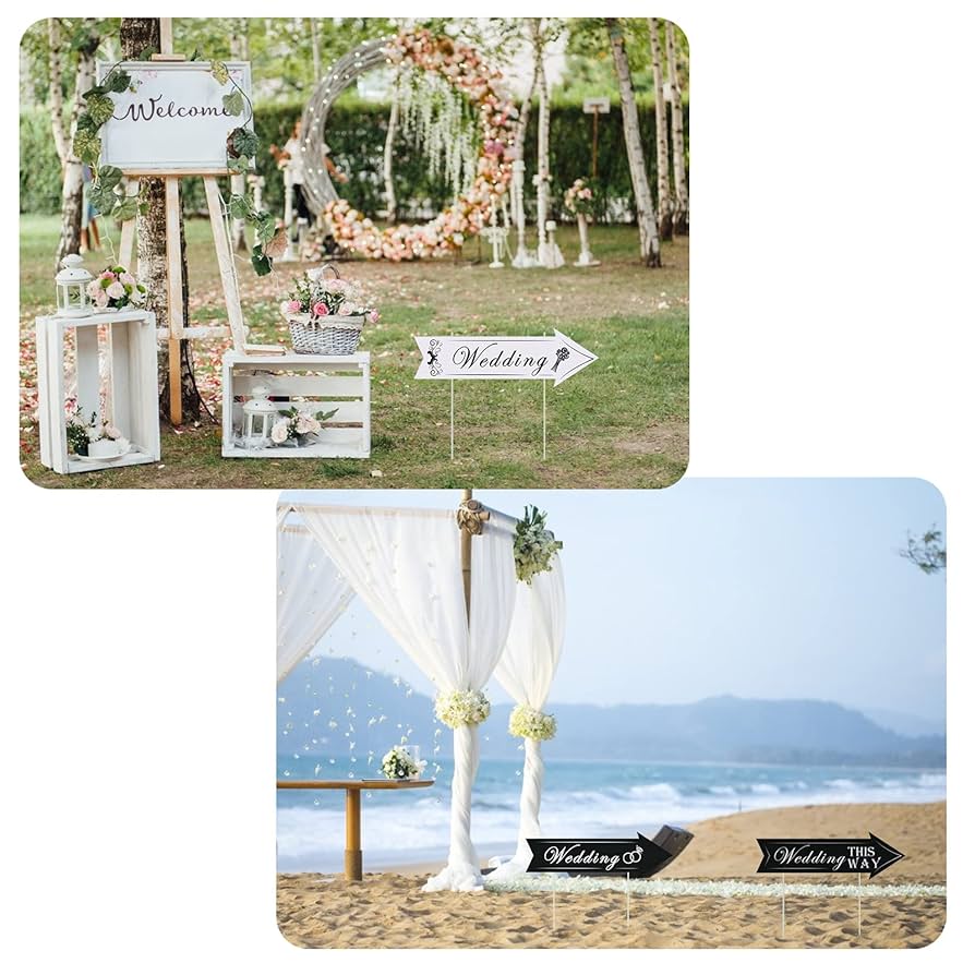 Wedding Directional Arrow Signs SAVITA 4 Pack Wedding Signs, 17 X 6 Inch Wedding Signs, Yard Signs With Stakes, Double Sided Printed Arrow, Waterproof Wedding Signs For Ceremony And Wedding This Way Sign Outdoor