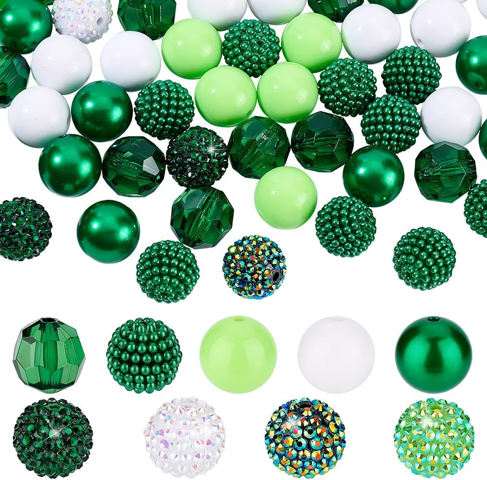 PH PandaHall 58pcs St Patrick's Day Bubblegum Beads, 20mm Green Acrylic Chunk Beads Focal Bead 9 Style Pen Bead for Spring Necklace Bracelet Keychain Jewelry Making Holiday