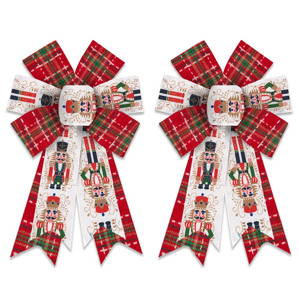 2 Pack Christmas Wreath Bows, Christmas Nutcracker Plaids Burlap Linen Bows for Wreath, Medium Tree Topper Ribbon Bow for New Year Home Indoor Outdoor