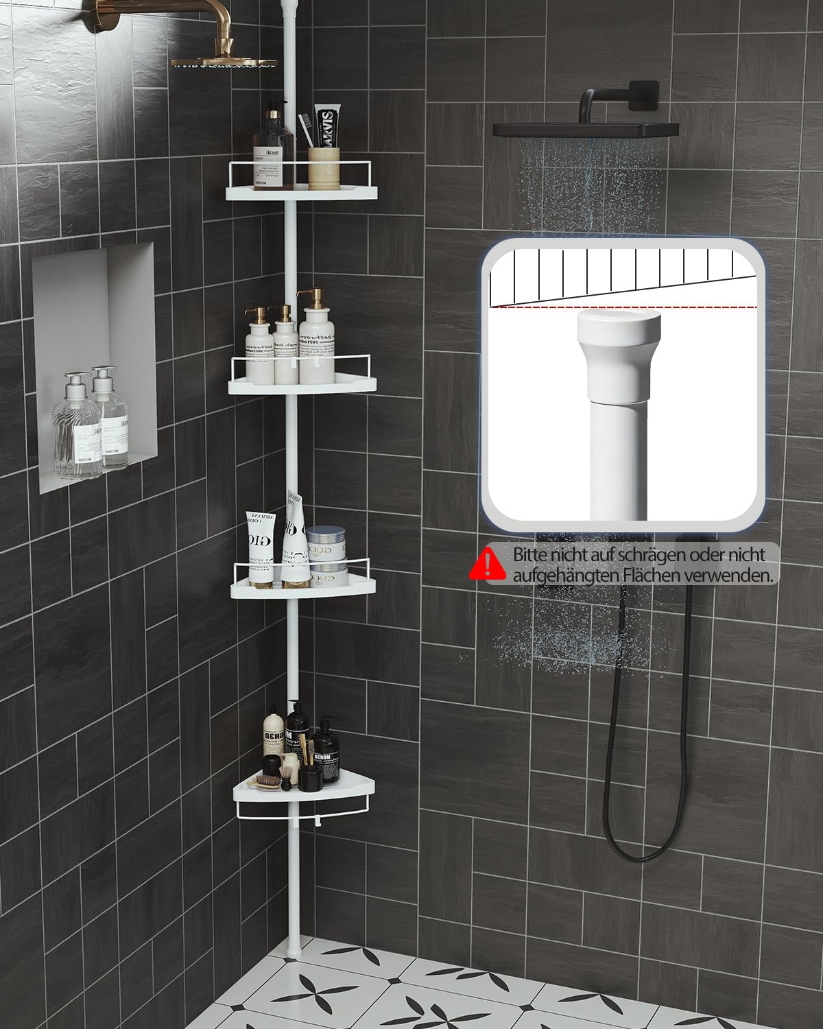 Sekey Duschregal Ohne Bohren Weiß - Duschablage Teleskop mit 4 Körben, Höhenverstellbar 79-315 cm, Stabiler Stand & Eck-Design für Badezimmer