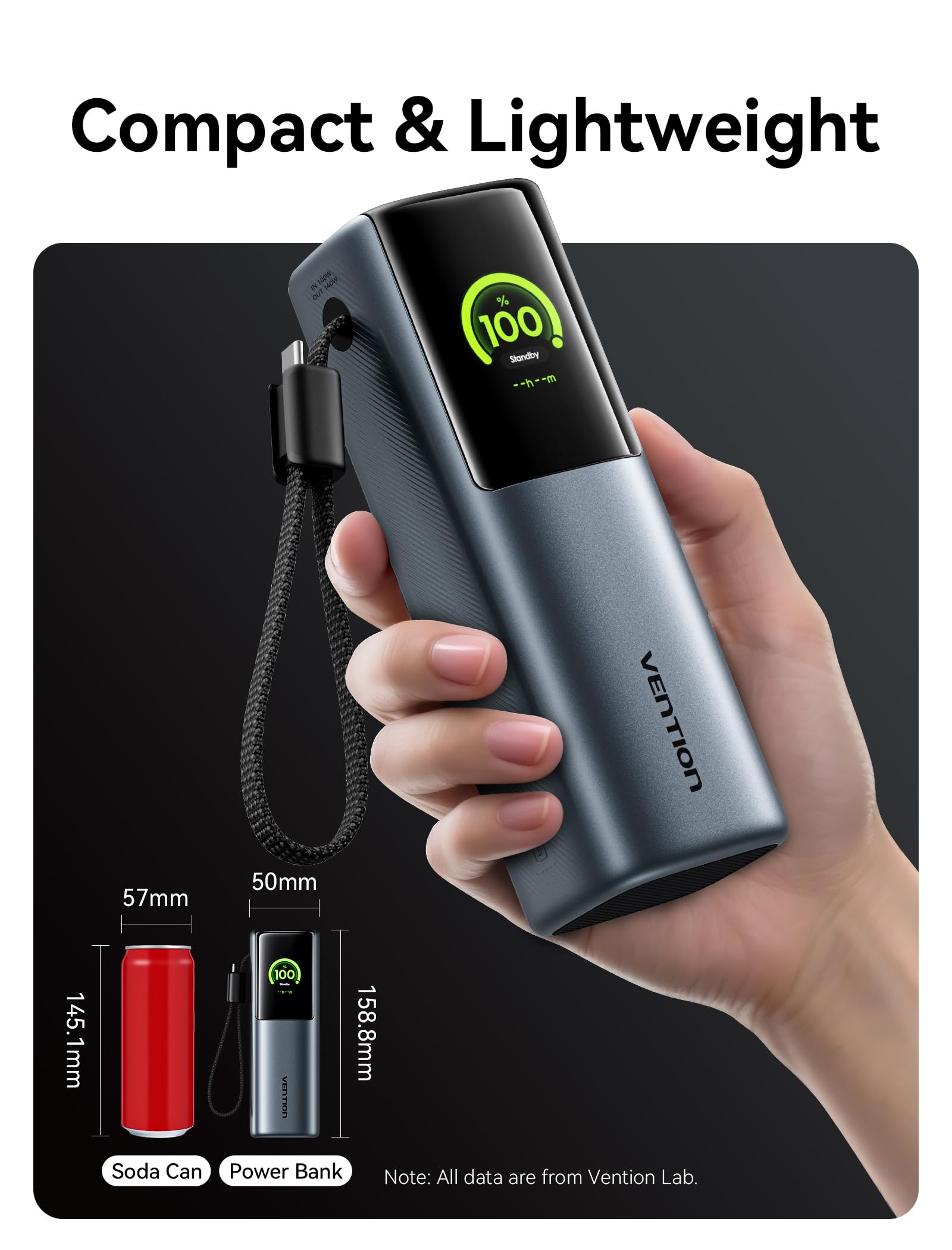 VENTION Power Bank 27000 mAh 200W, batería Externa Carga rápida con Pantalla Digital y animación Emoji, Cable USB-C Integrado, 2× USB-C + USB-A, para MacBook Pro, DELL/HP, iPhone 17/16/15, Galaxy