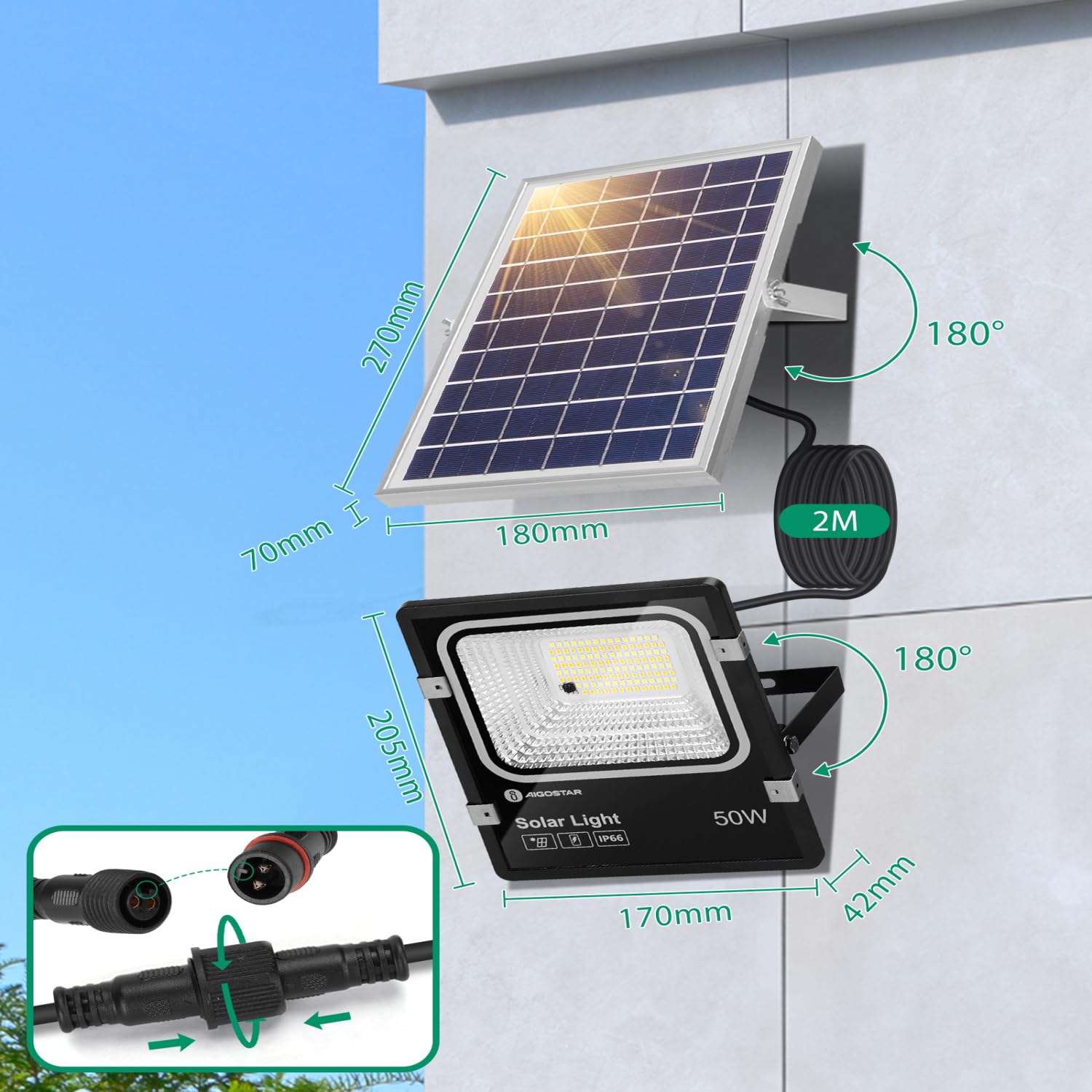 Aigostar - Foco solar exterior con mando a distancia,50W,regulable 3000/4000/6500K.Panel solar y batería de gran capacidad.Cable de 2m.Uso interior/exterior IP66: jardín,patios,garaje,2 piezas