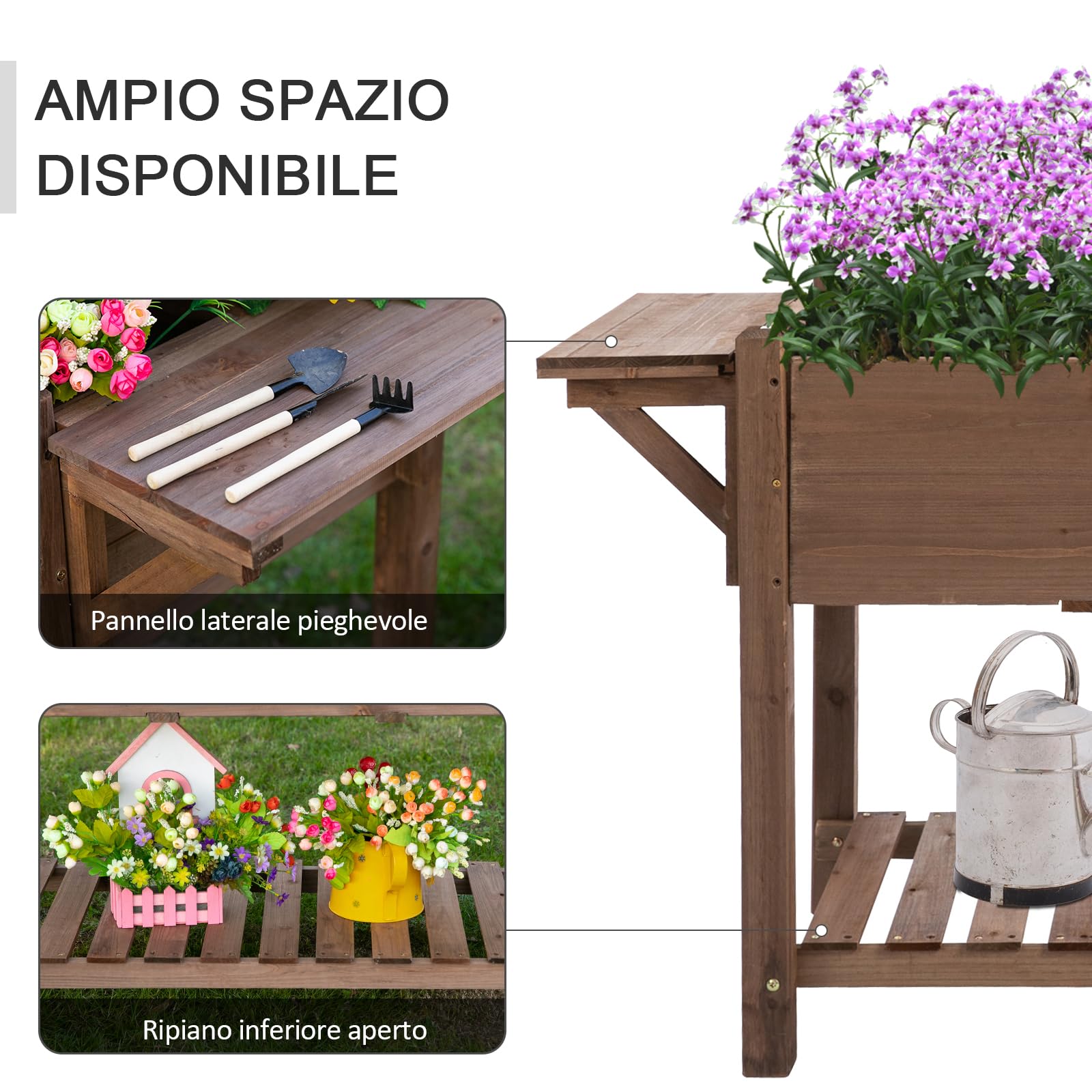 Outsunny Letto per Orto Rialzato in Legno con Ripiano 123x54x80cm Marrone | Fioriera Rialzata, Pieghevole, Mensola Inferiore