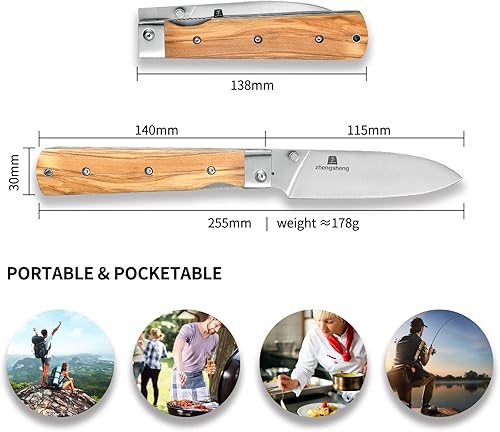 Miniatura 5 de Cuchillo de cocina plegable de 4.5 pulgadas con hoja de acero inoxidable 440A ultra afilada y mango de oliva natural para barbacoa, pelar, acampar