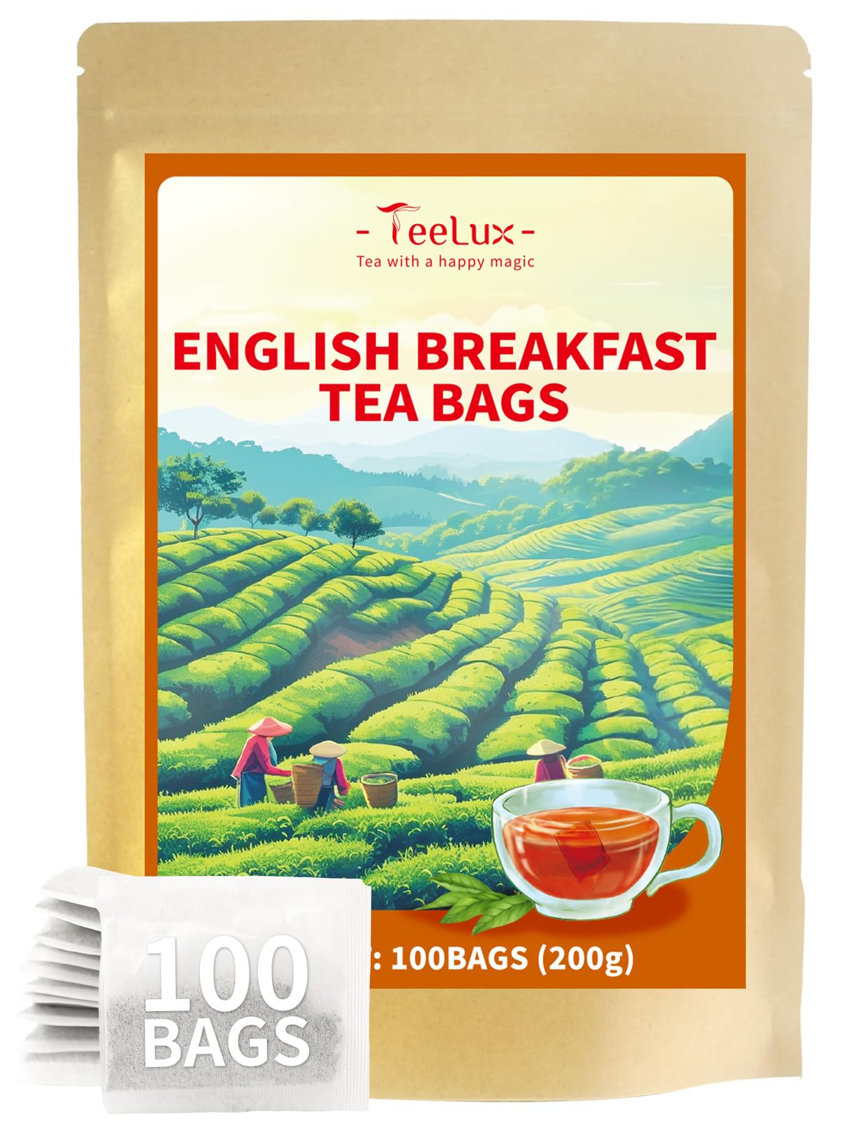 TeeLux English Breakfast Tea Bags 100 Count, Vegan, Rich Flavor, Classic Black Tea Sourced from Ceylon and China, Biodegradable Tea Bags