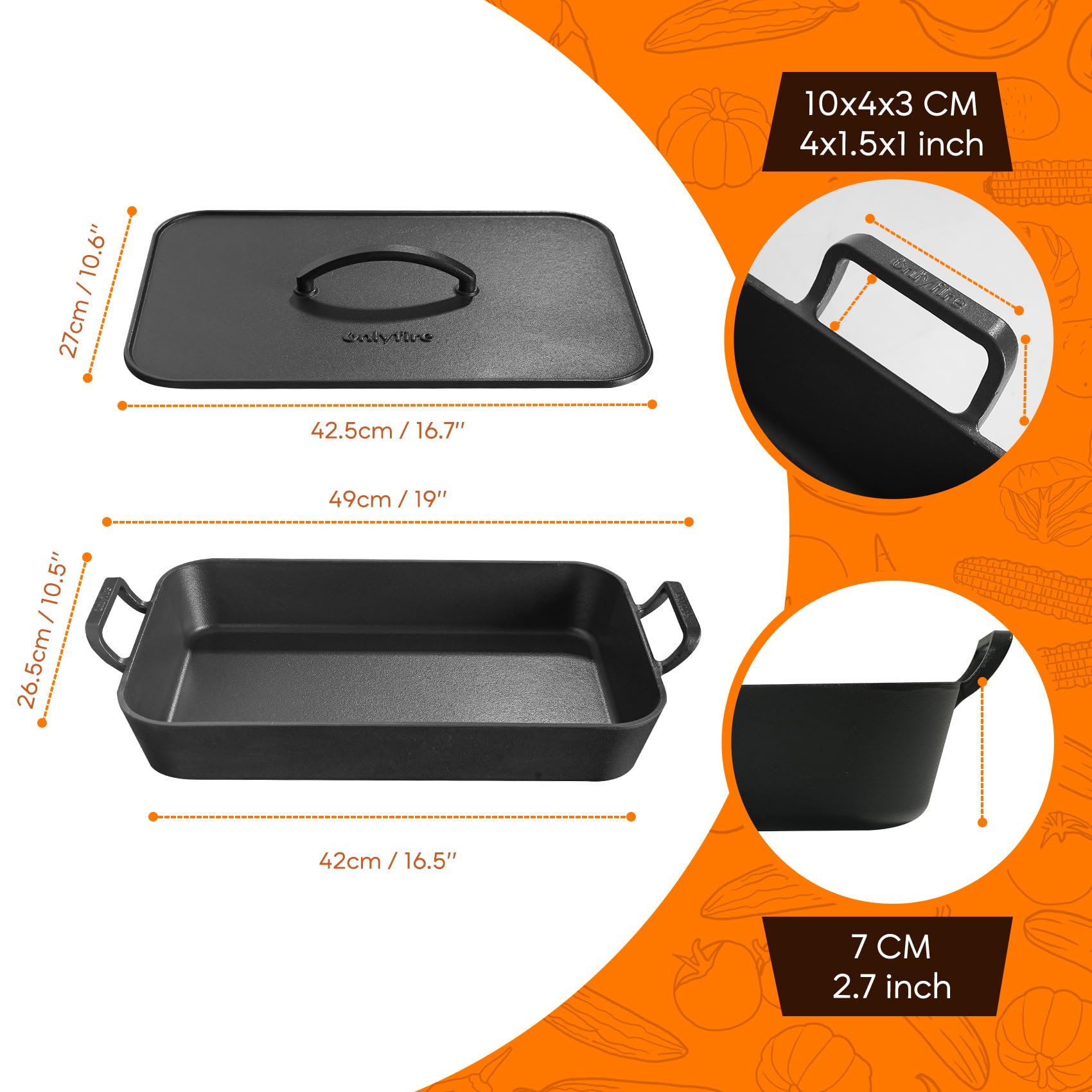 Onlyfire Fuente de Horno Rectangular de Hierro Fundido con Tapa, 42cm Rustidera XL, Apta para Inducción para Asados, Pescado y Pan, Horno, Barbacoa y Camping, Precurado