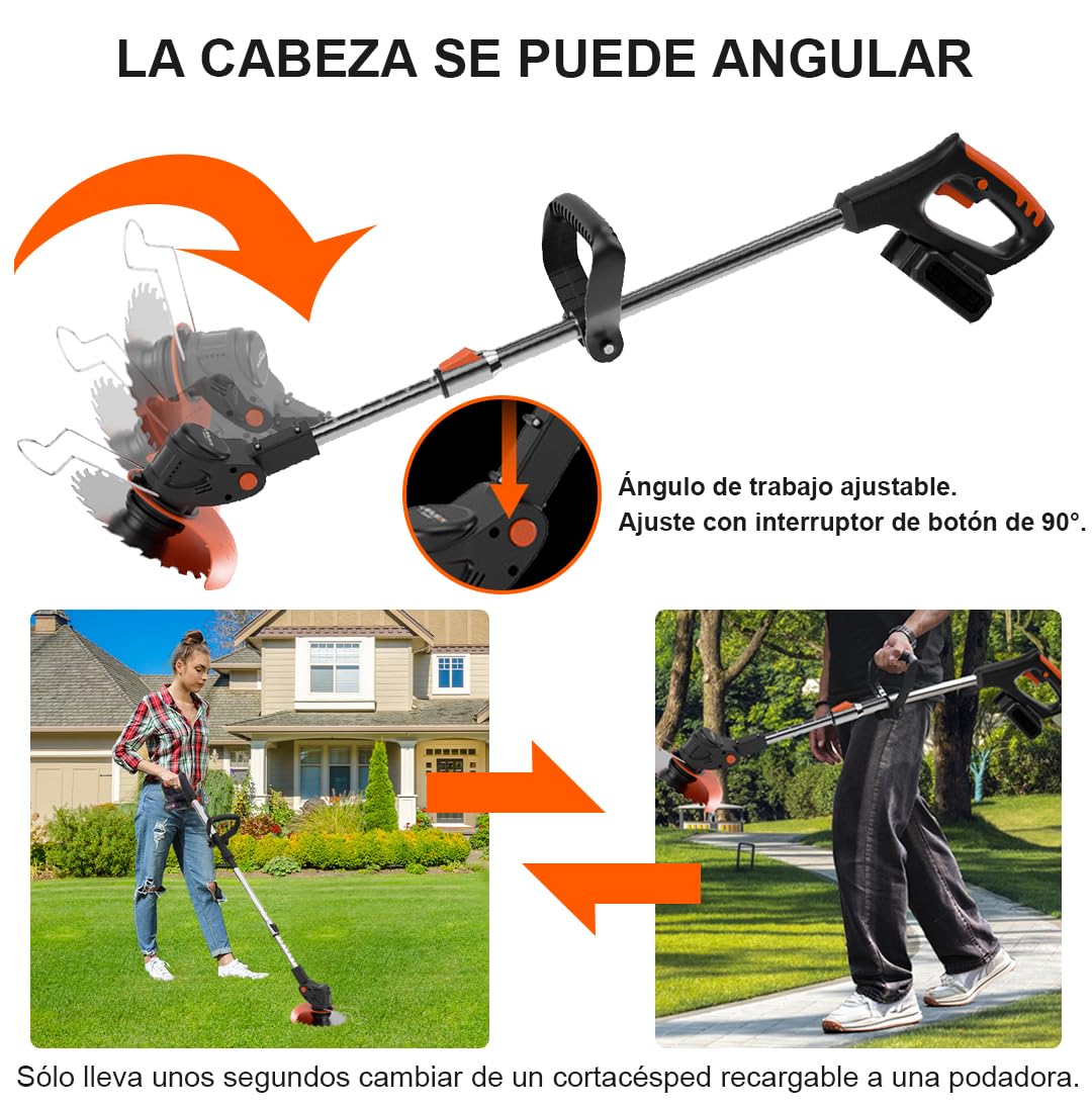 Desbrozadora, Desbrozadoras Bateria，21V 2000mAh Desbrozadoras Electrica， 3 en 1 Cortabordes Bateria, para Césped, Jardín y Campos