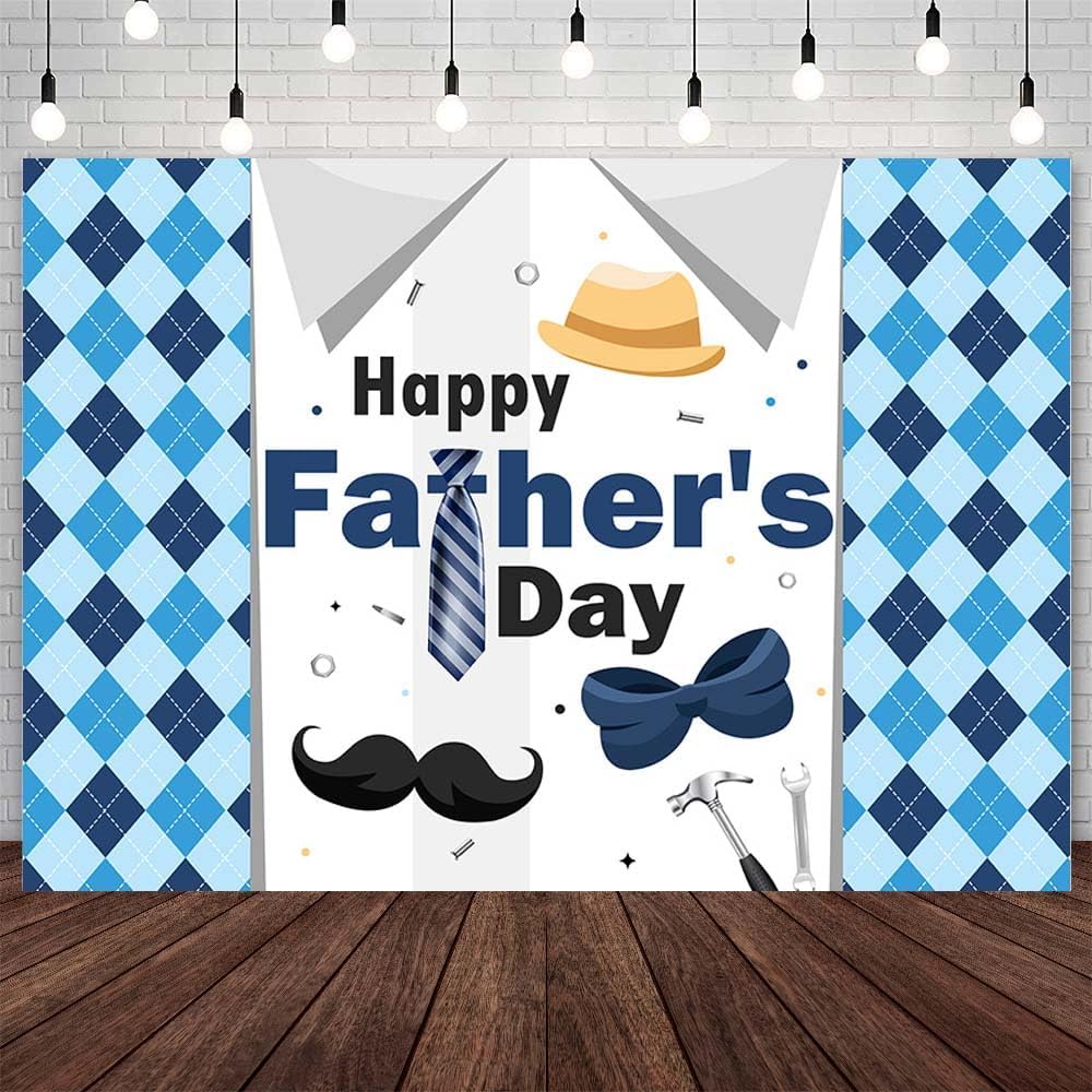 8x6ft Happy Fathers Day Backdrop Blue White Shirt Photography Background Shirt Tie Hat I Love Dad Father's Day Party Decoration Supplies Banner Photo Booth Studio