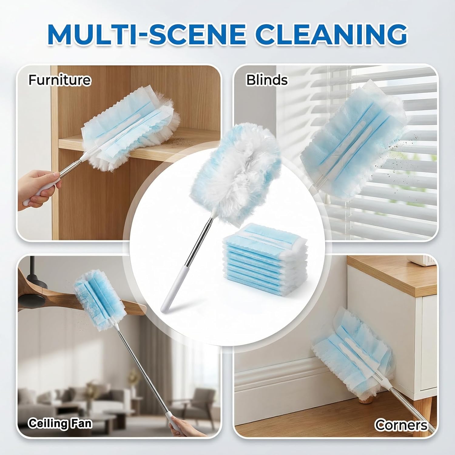 244 Count Disposable Duster Refills Kit with 4 Pack Extendable Handle, Heavy Duty Duster Refills for Corners, Blinds, Ceiling, and Interior Cleaning of Cars