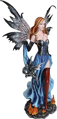 Miniatura 6 de Ebros Gift Gran hada de fuego elemental de pelo caoba de 23 pulgadas de alto y dragón negro de pie junto a la estatua de las llamas de brasa,