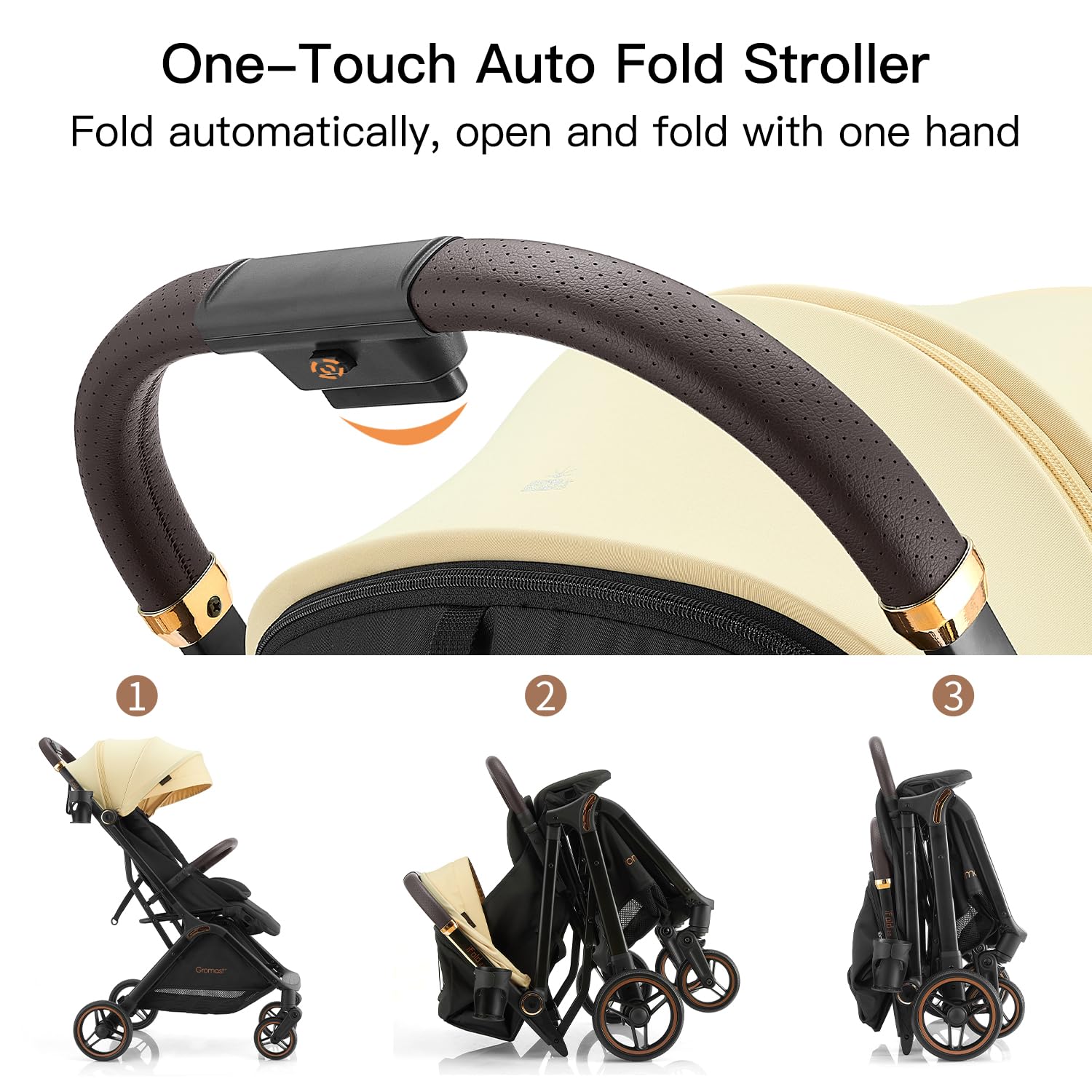 Gromast Gravity Poussette de bébé pliable, Poussette de voyage portable pour nourrisson avec dossier réglable & pare-soleil, légère et protégée des UV, pliage automatique à une main, Beige