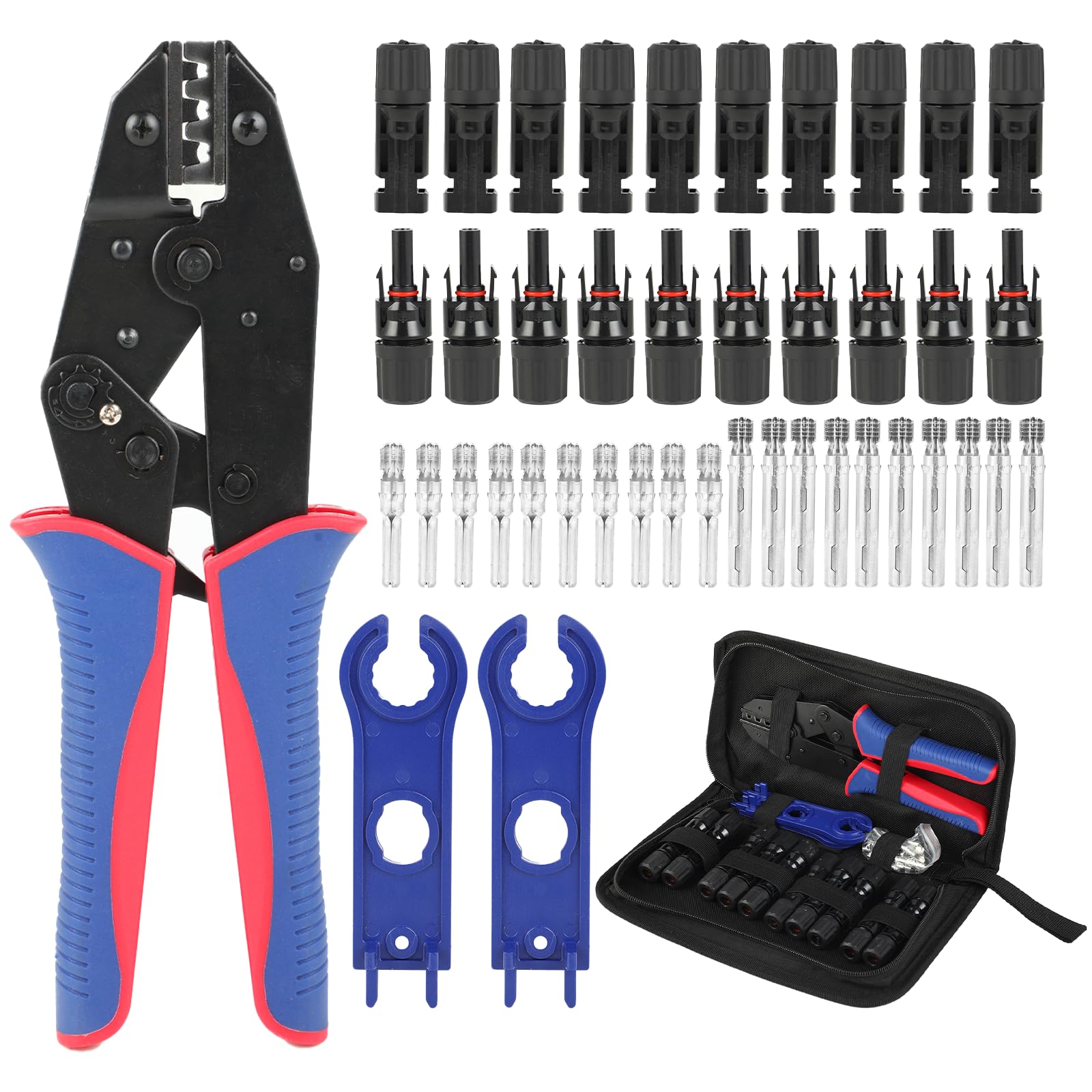 Set di Pinze a Crimpatura Solare per Pannelli Solare da 2,5/4/6 mm² - 1 Pinza Crimpatrice - 10 Paia di Connettori Maschio/Femmina - 2 Chiavi Inglesi per Connettori Solari