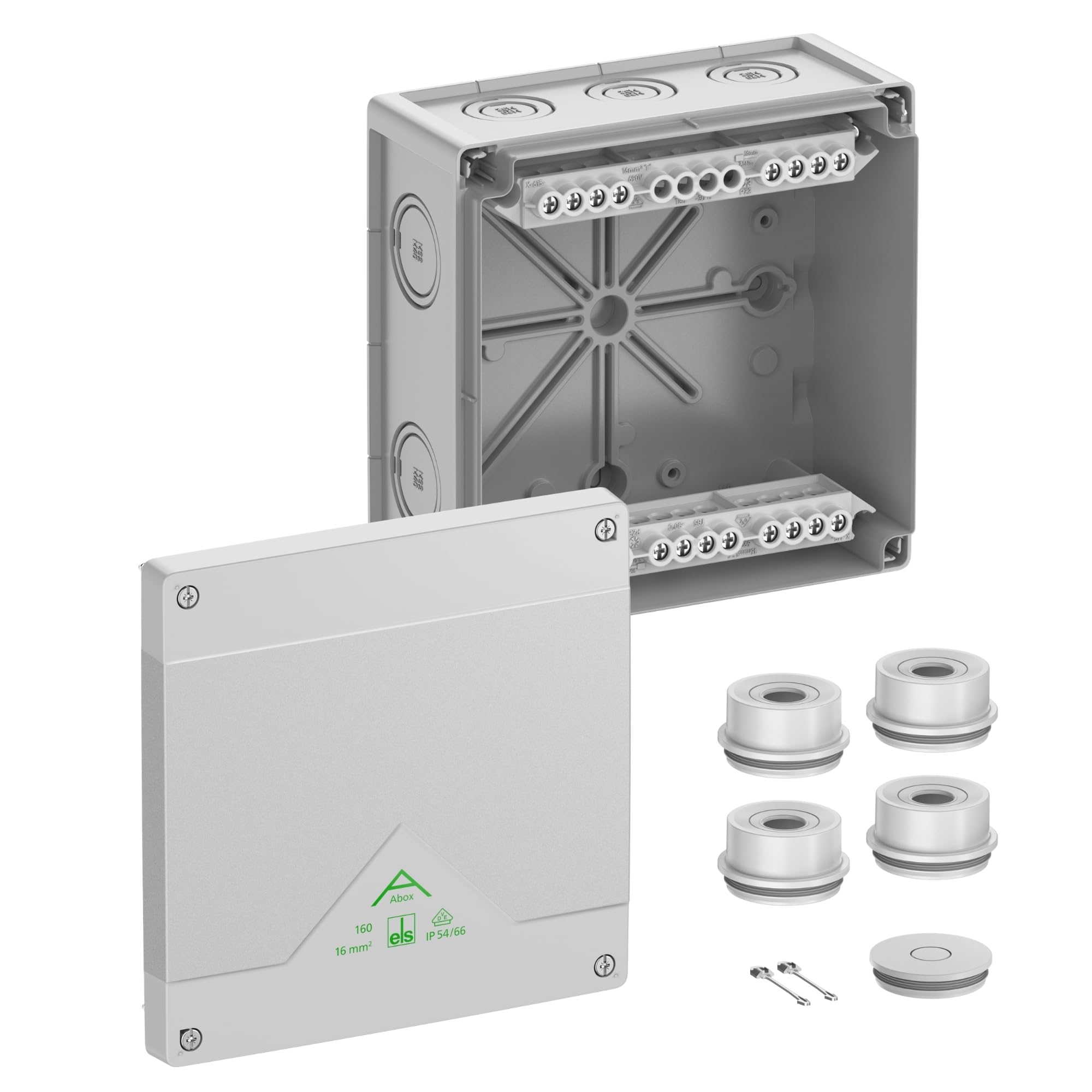 Spelsberg Abzweigkasten Abox 160-162 – 182 x 182 x 90 mm, IP66 grau, mit Schraubklemme, 5-polig, bis 16 mm2